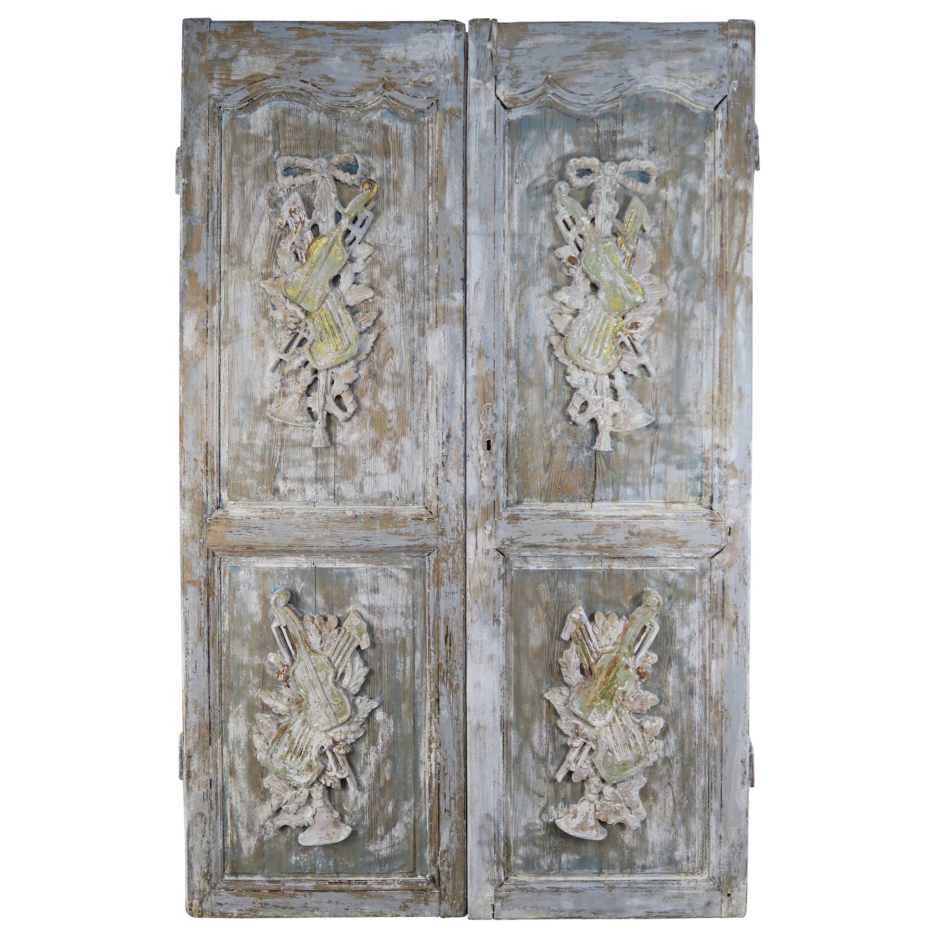 Pair of 19th Century French Louis XV Style Carved Painted Doors