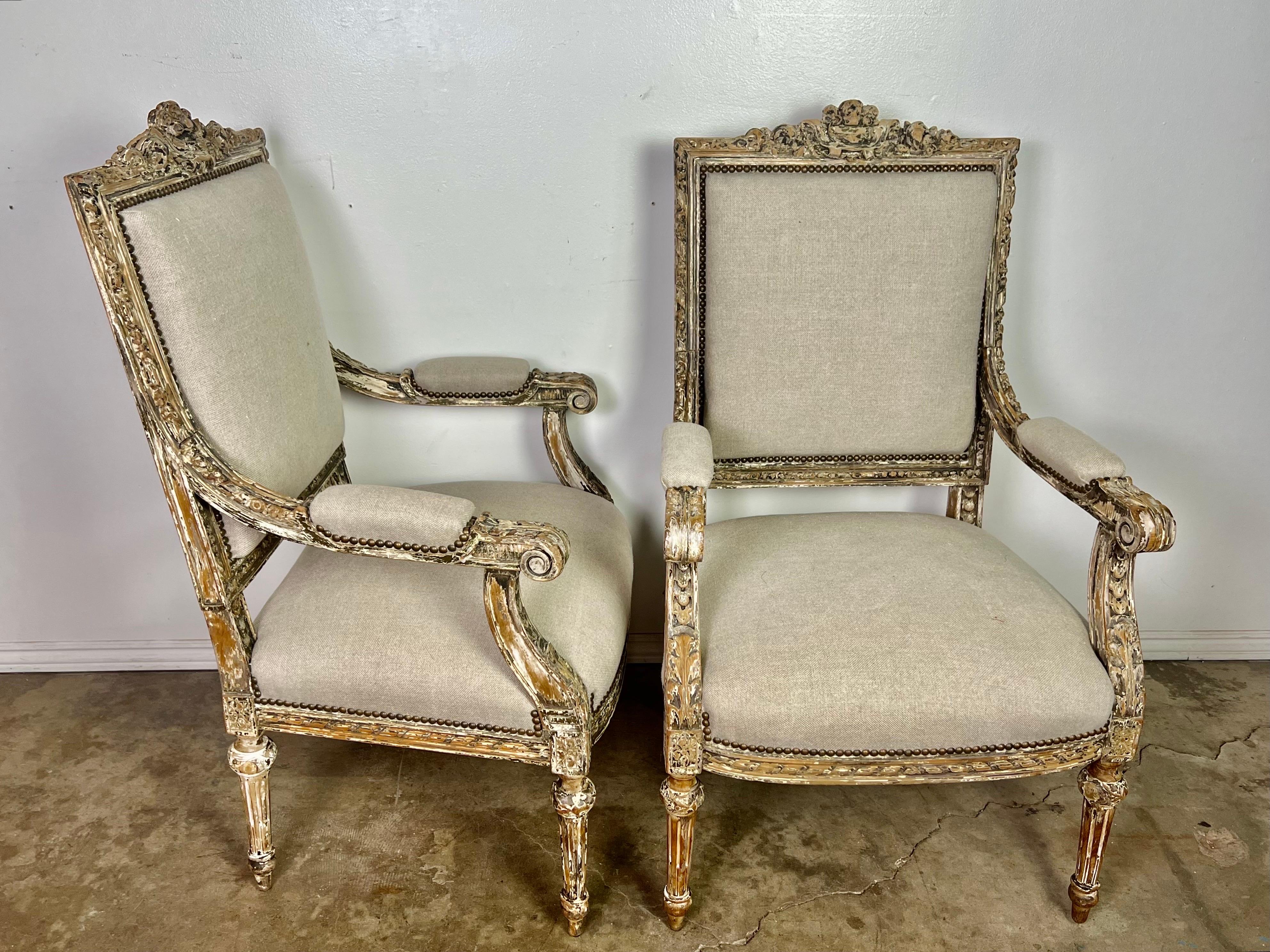 Pair of 19th C. French Louis XVI Painted Armchairs 4