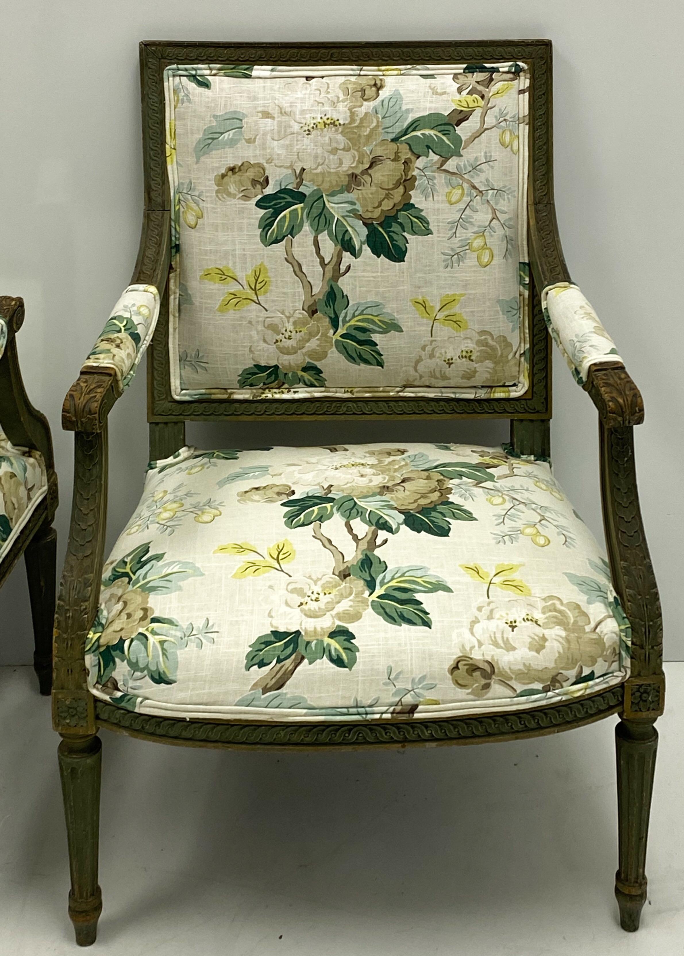 French Pair of 19th Century Louis XVI Style Bergère Chairs in Charlotte Moss Linen