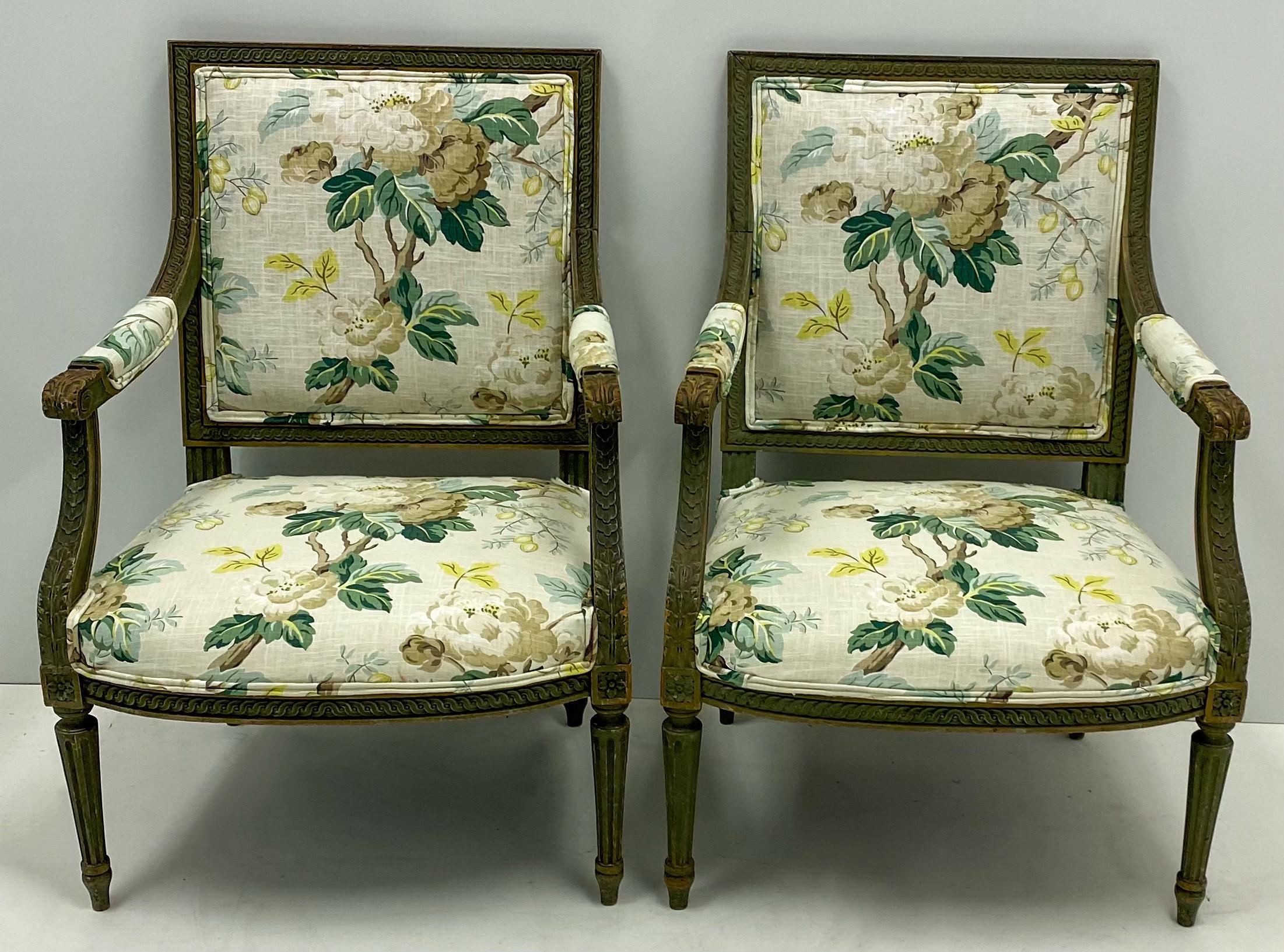 Pair of 19th Century Louis XVI Style Bergère Chairs in Charlotte Moss Linen 1