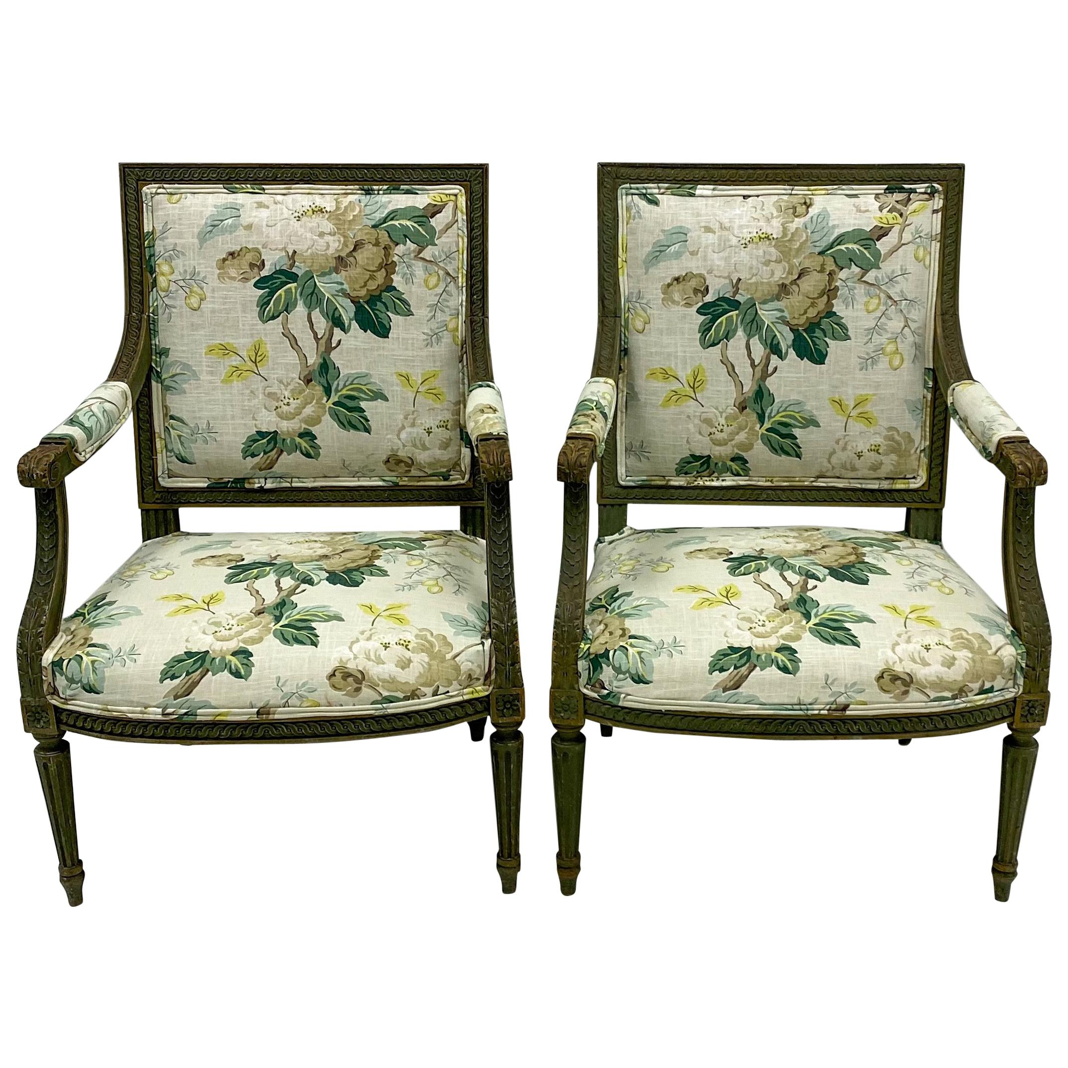 Pair of 19th Century Louis XVI Style Bergère Chairs in Charlotte Moss Linen