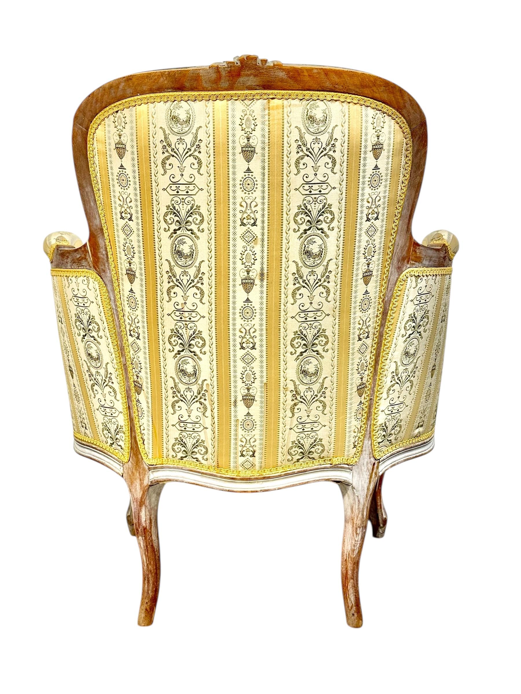 Pair of 19th c. French Louis XVI Style Bergères with Silk Blend Satin Upholstery For Sale 6
