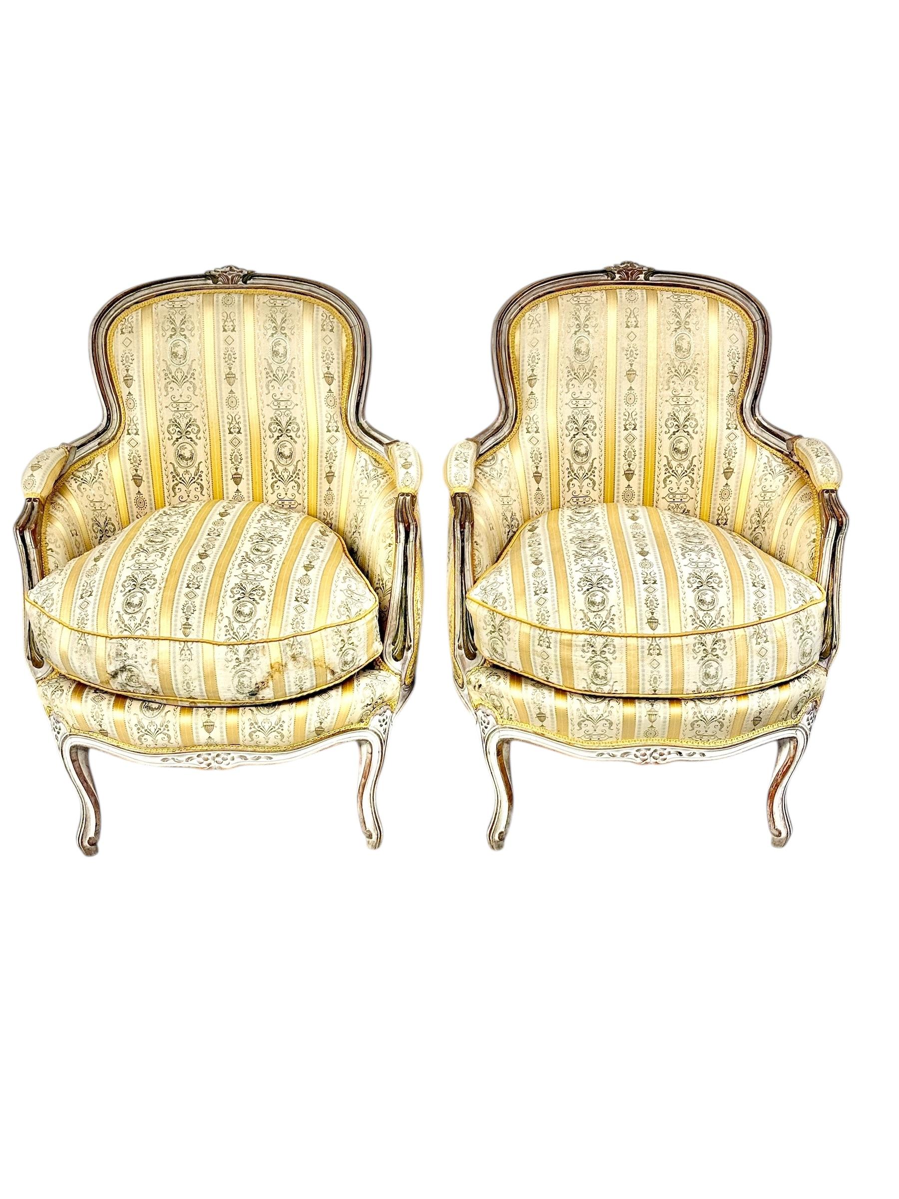 Pair of 19th c. French Louis XVI Style Bergères with Silk Blend Satin Upholstery For Sale 7