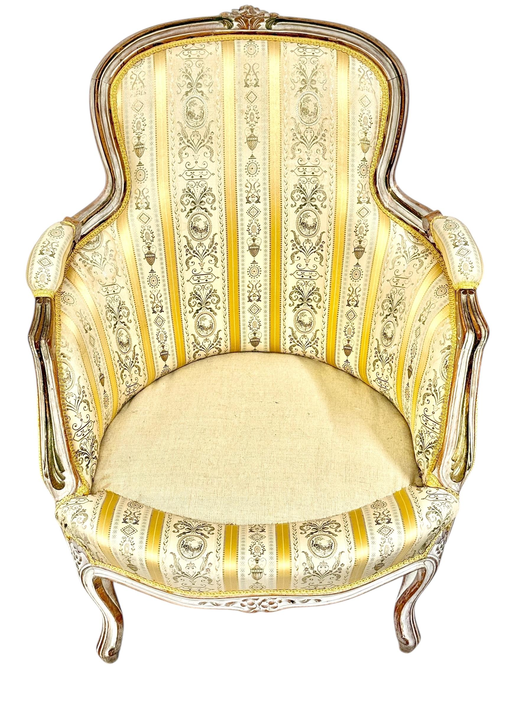 Pair of 19th c. French Louis XVI Style Bergères with Silk Blend Satin Upholstery For Sale 8