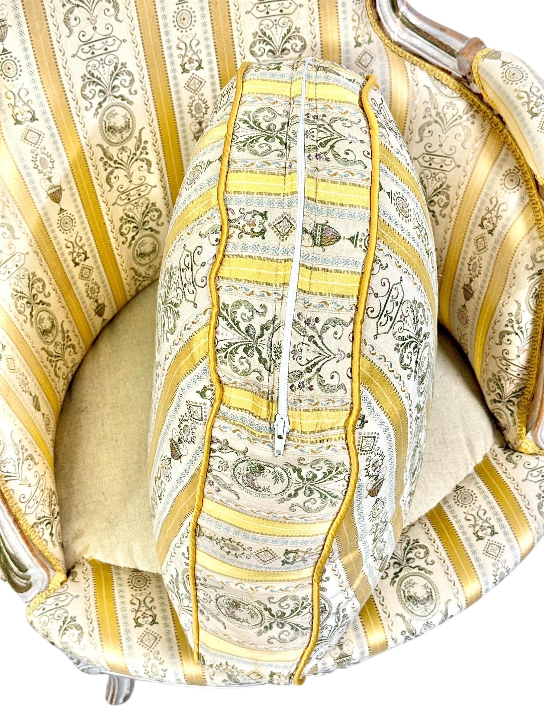Pair of 19th c. French Louis XVI Style Bergères with Silk Blend Satin Upholstery For Sale 11