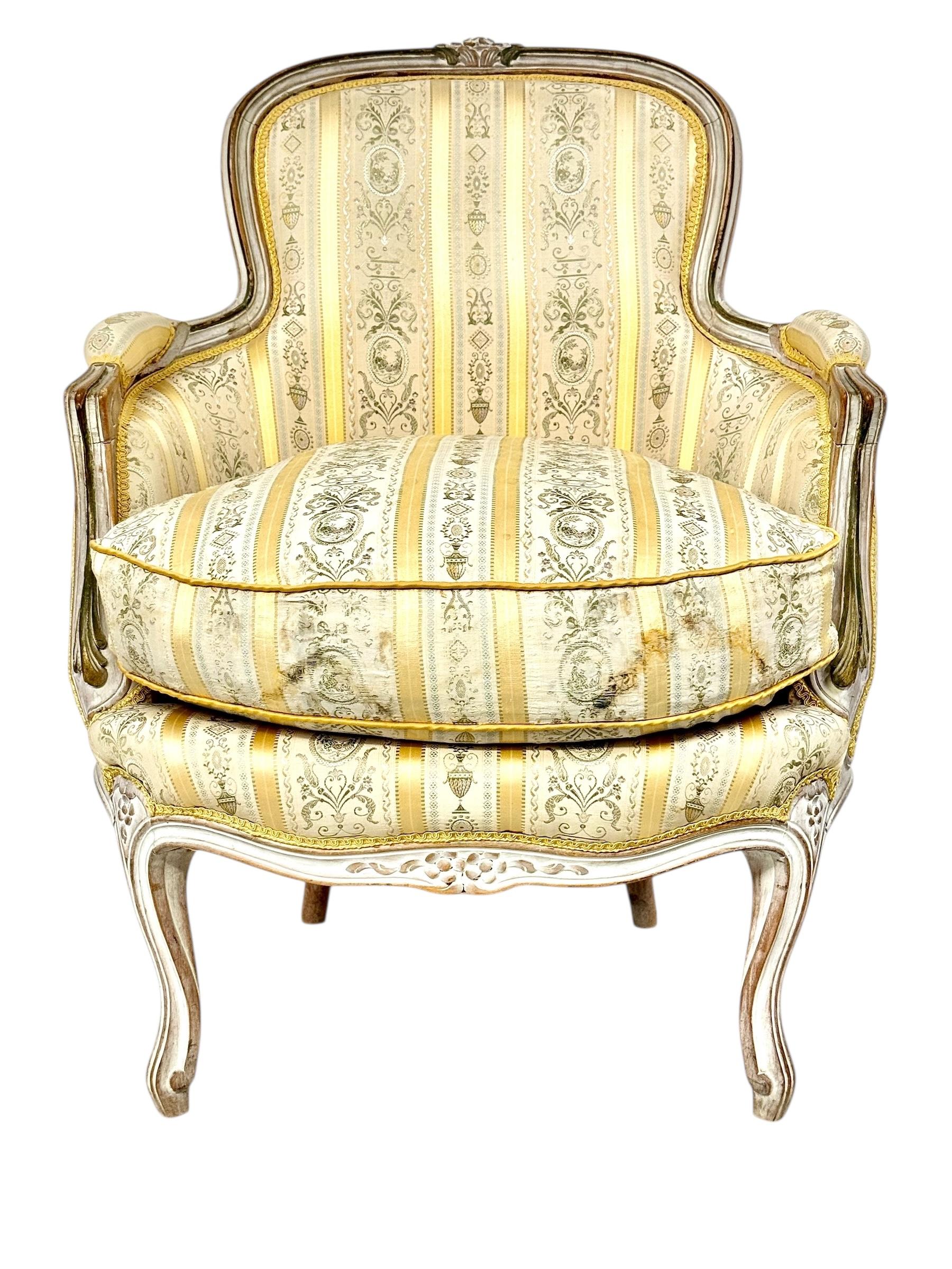 Pair of 19th c. French Louis XVI Style Bergères with Silk Blend Satin Upholstery For Sale 12