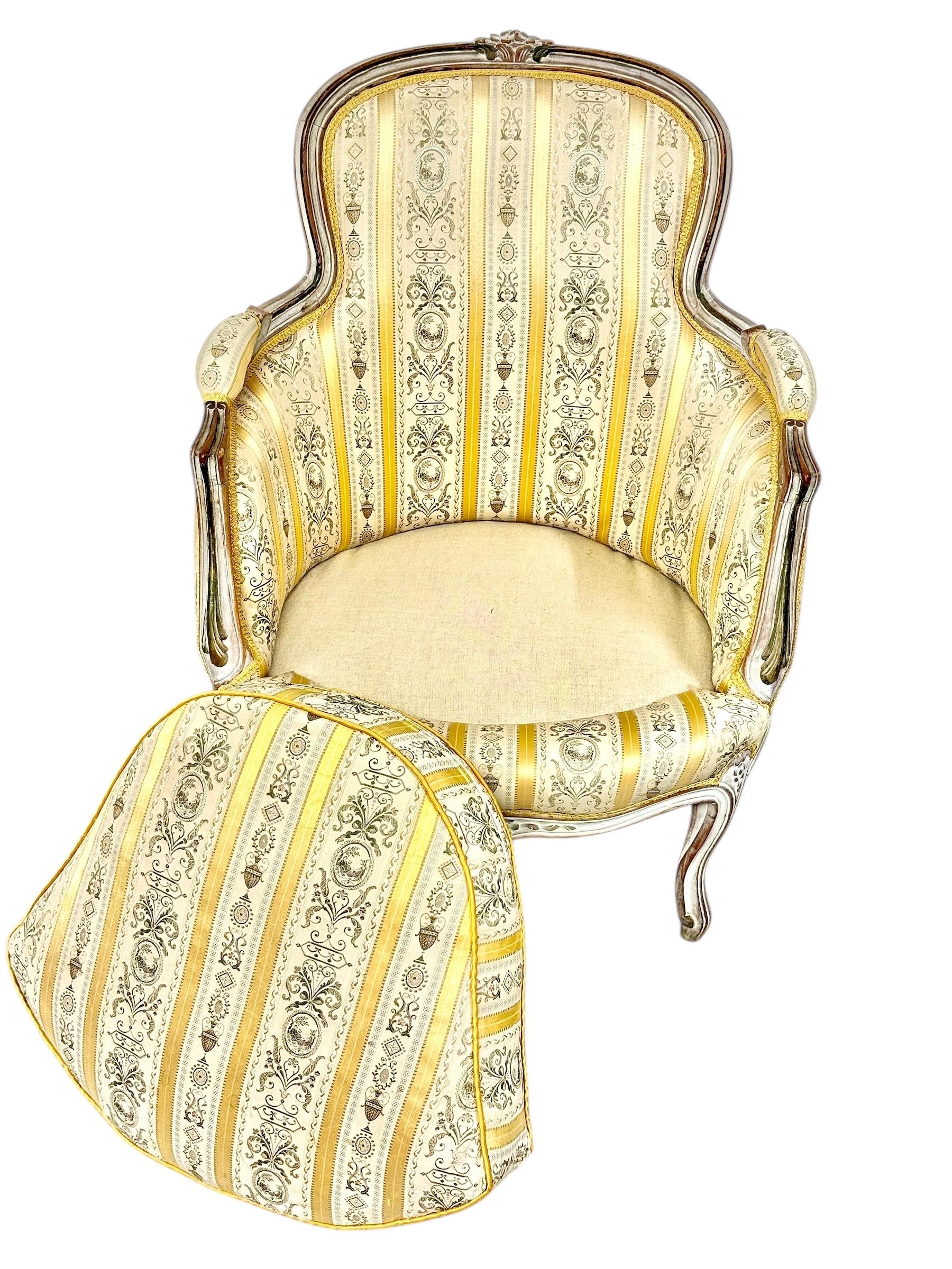 Pair of 19th c. French Louis XVI Style Bergères with Silk Blend Satin Upholstery For Sale 13