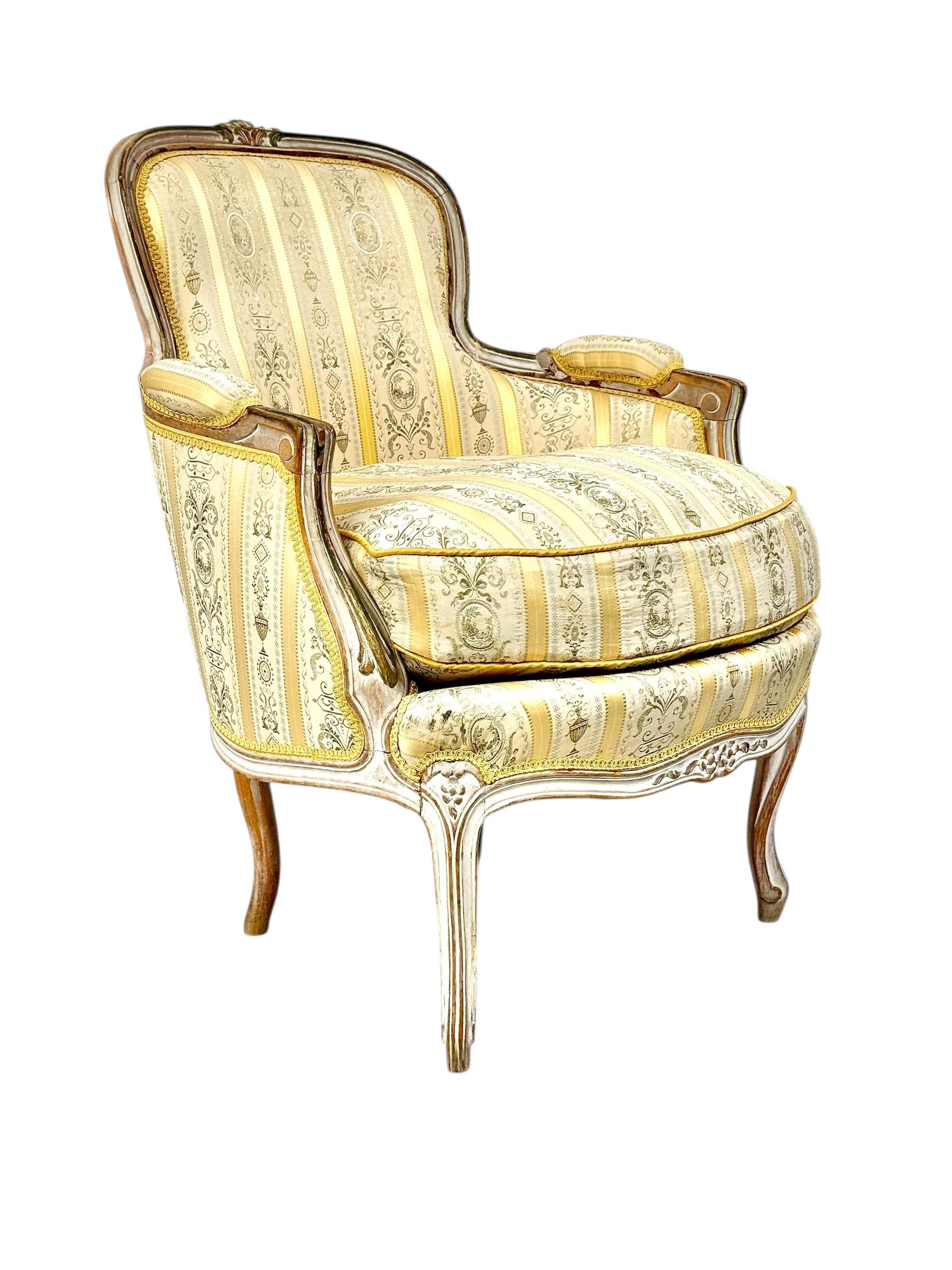 Hand-Carved Pair of 19th c. French Louis XVI Style Bergères with Silk Blend Satin Upholstery For Sale