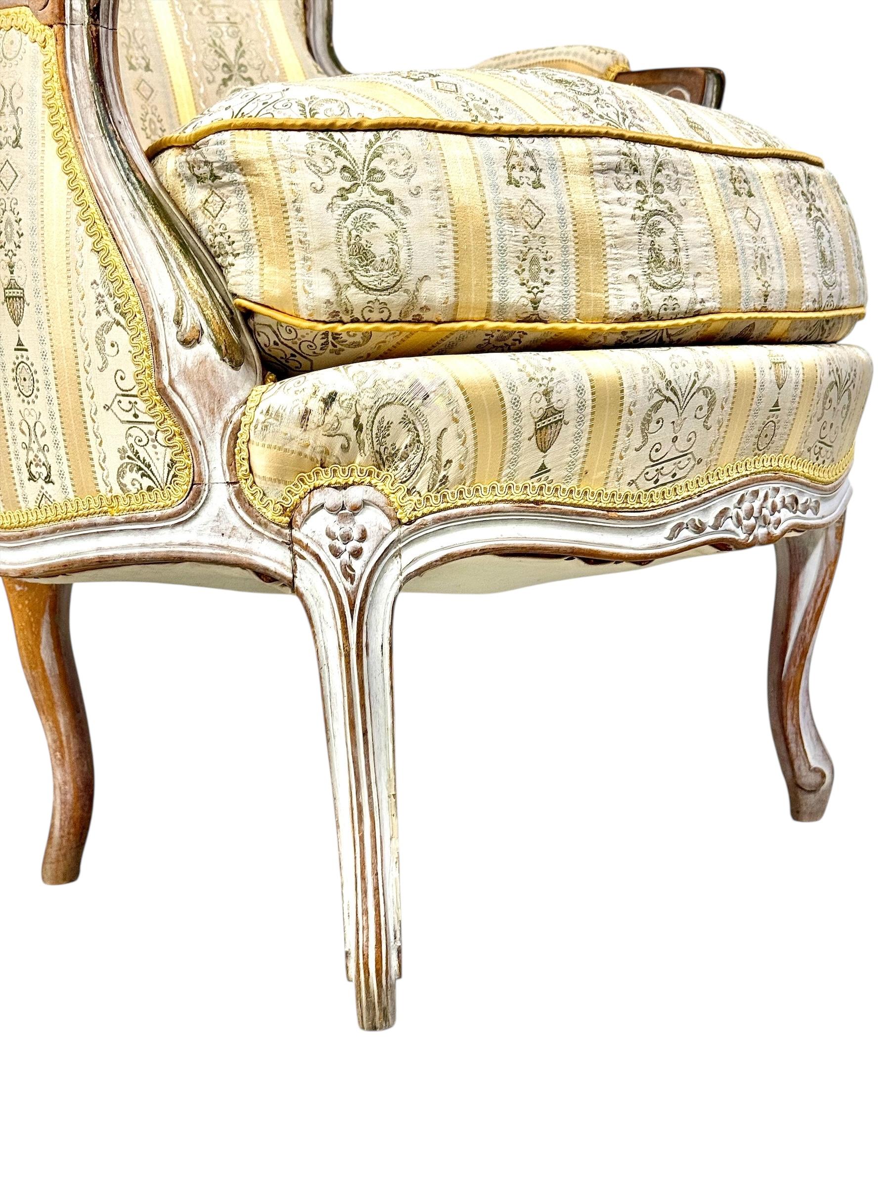 Pair of 19th c. French Louis XVI Style Bergères with Silk Blend Satin Upholstery For Sale 1