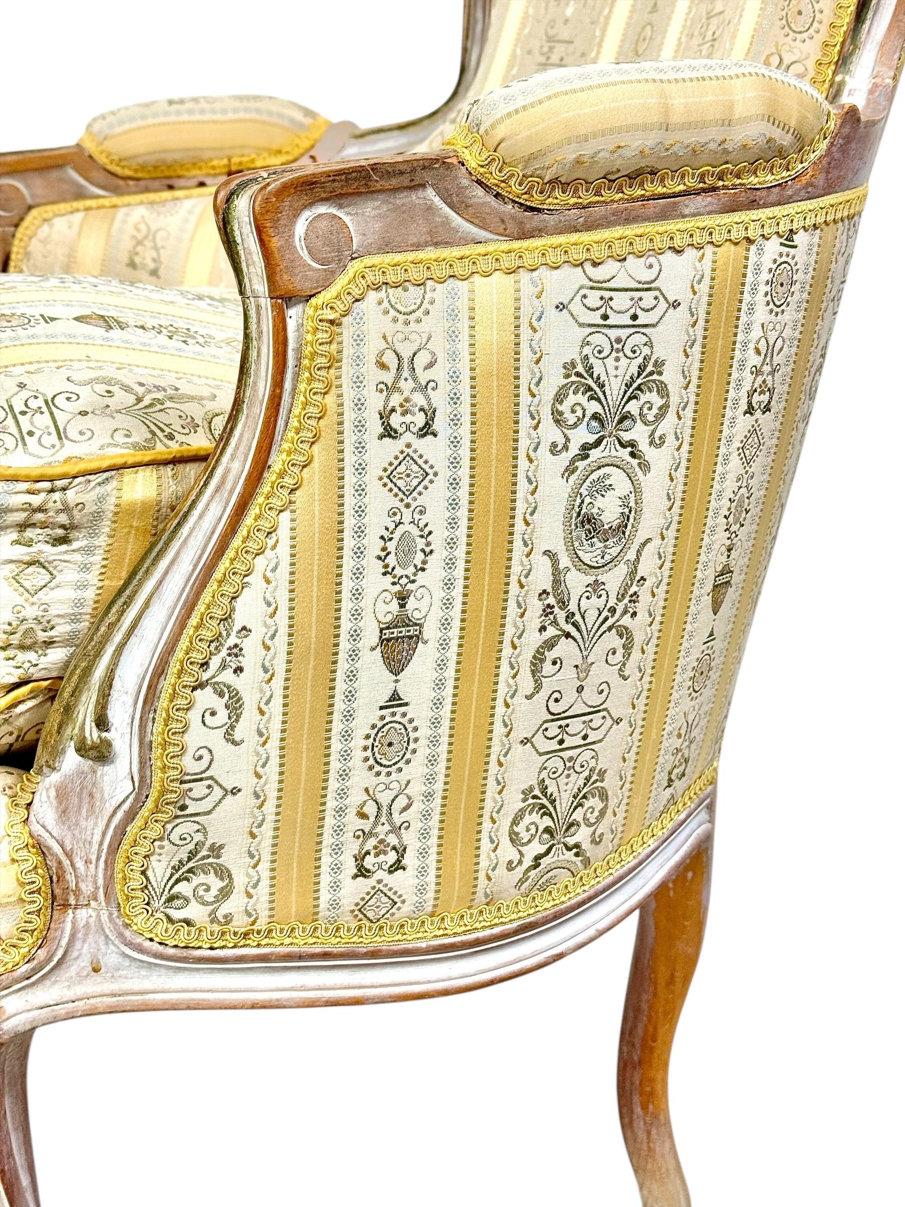 Pair of 19th c. French Louis XVI Style Bergères with Silk Blend Satin Upholstery For Sale 2