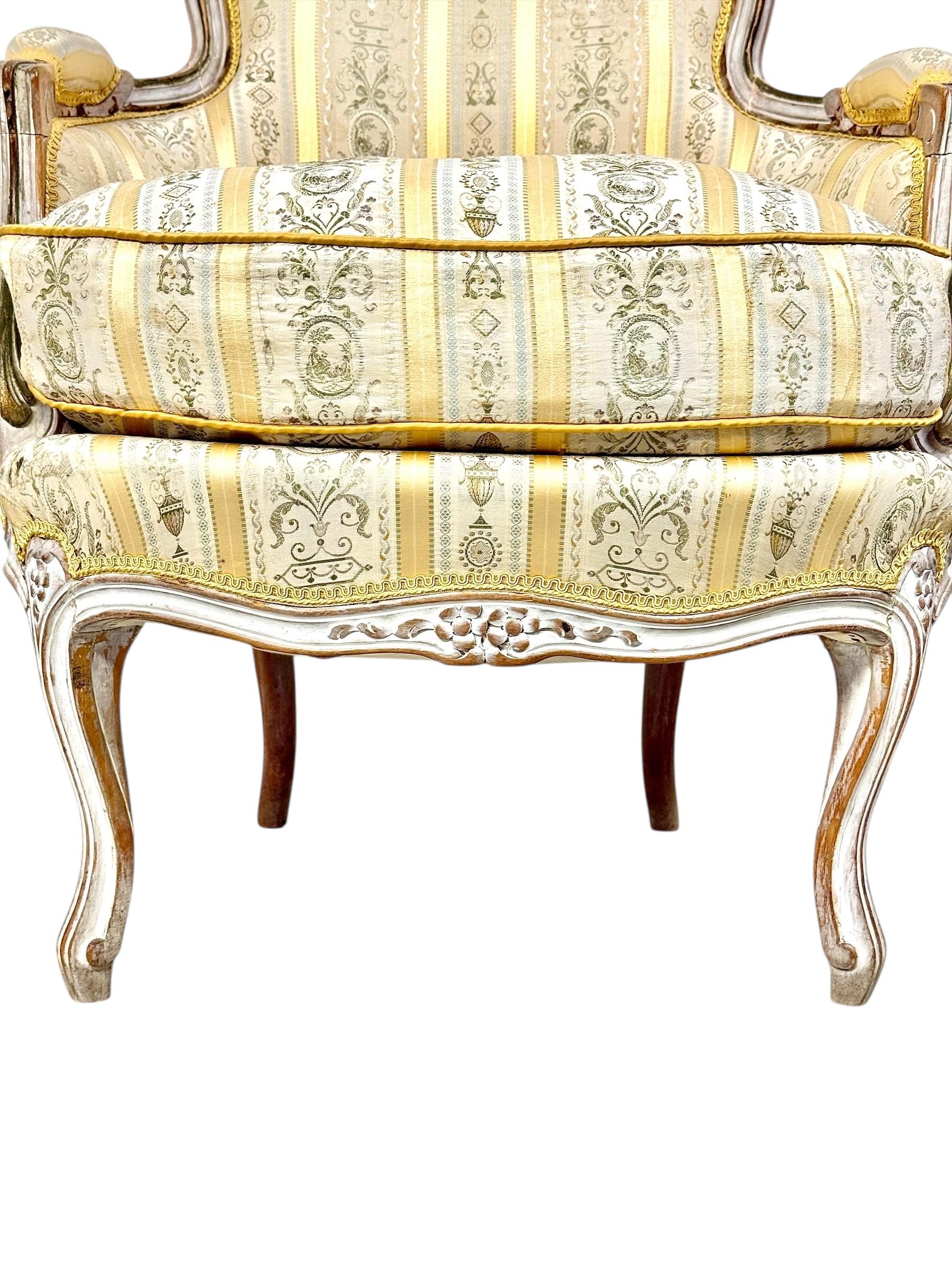 Pair of 19th c. French Louis XVI Style Bergères with Silk Blend Satin Upholstery For Sale 4