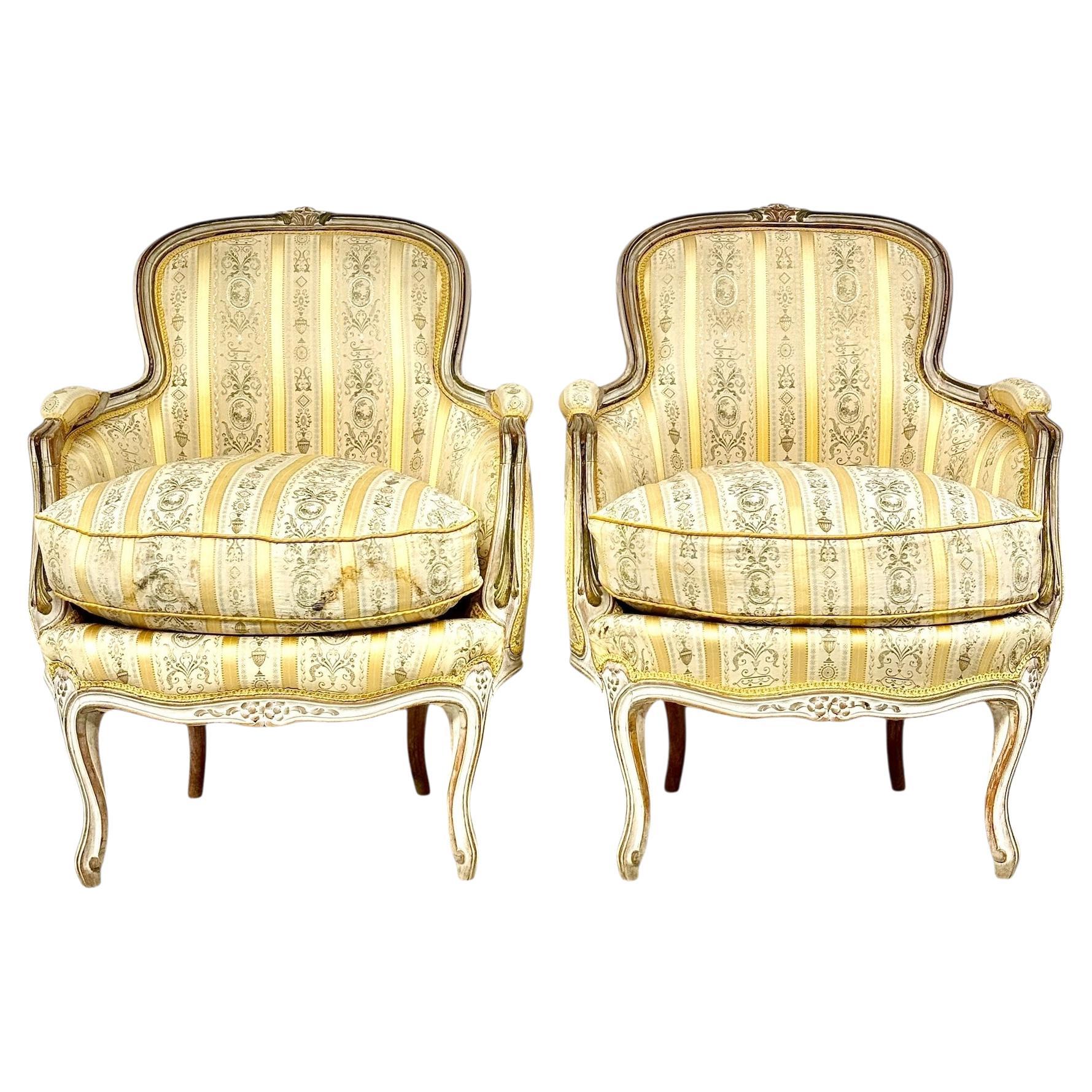 Pair of 19th c. French Louis XVI Style Bergères with Silk Blend Satin Upholstery For Sale
