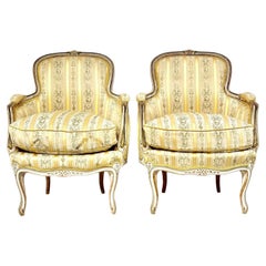 Pair of 19th c. French Louis XVI Style Bergères with Silk Blend Satin Upholstery