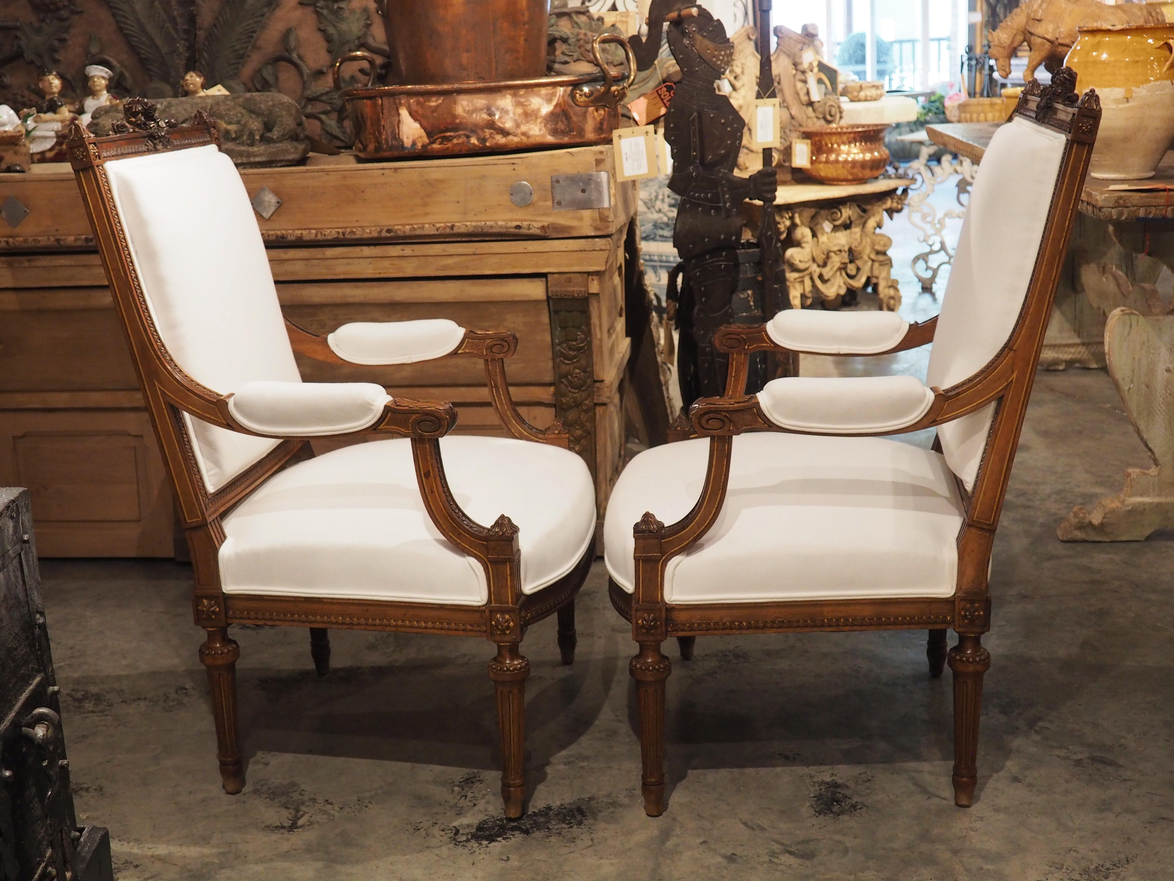 Pair of 19th C. French Louis XVI Style Walnut Fauteuils à la Reine Armchairs 6