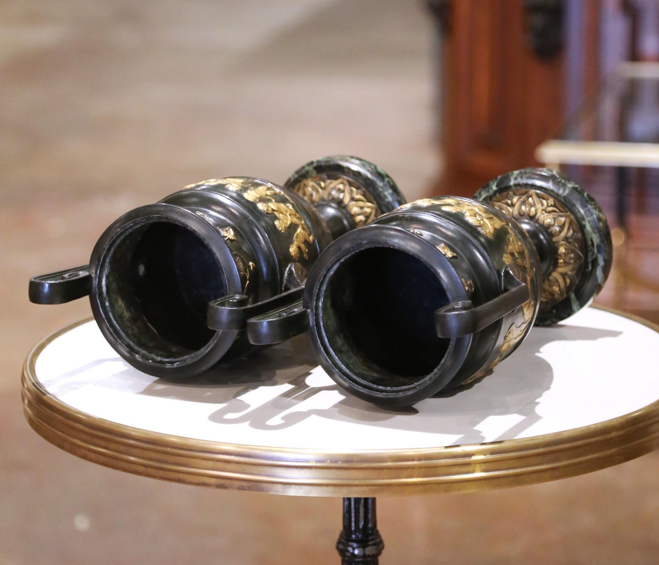 Pair of 19th C. French Neoclassical Cast Iron Cassolettes Urns on Marble Bases For Sale 6
