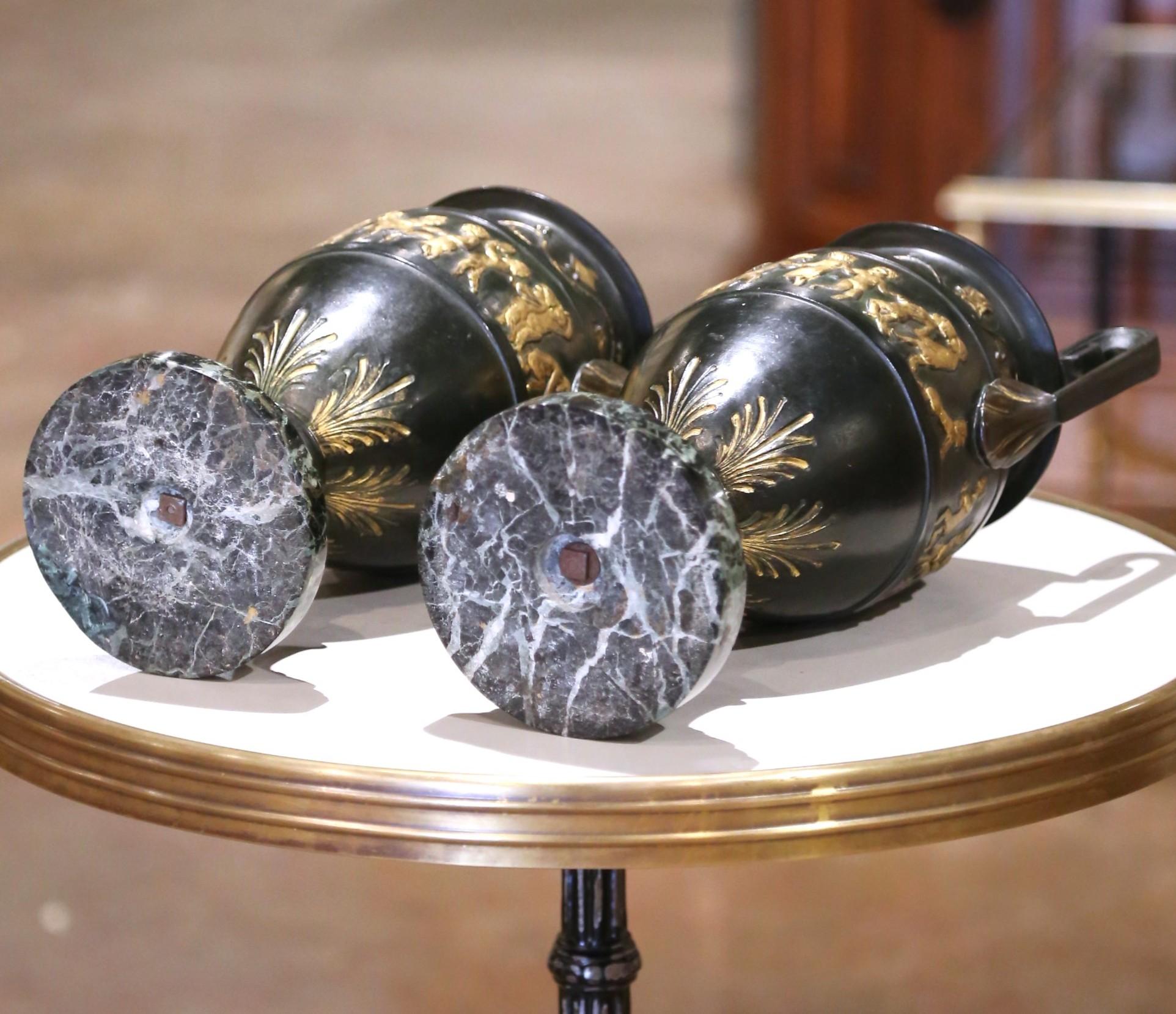 Pair of 19th C. French Neoclassical Cast Iron Cassolettes Urns on Marble Bases For Sale 7