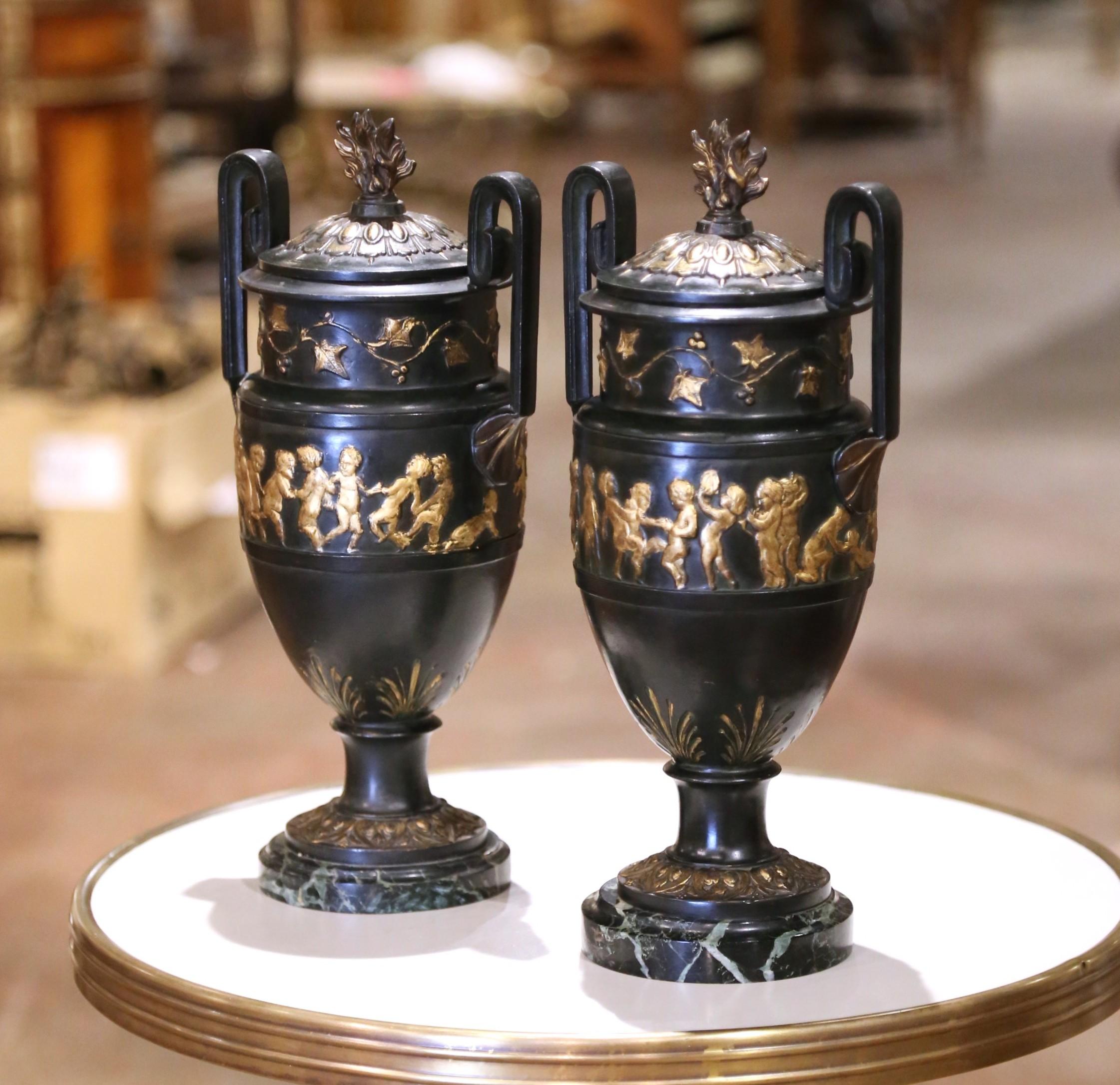 19th Century Pair of 19th C. French Neoclassical Cast Iron Cassolettes Urns on Marble Bases For Sale