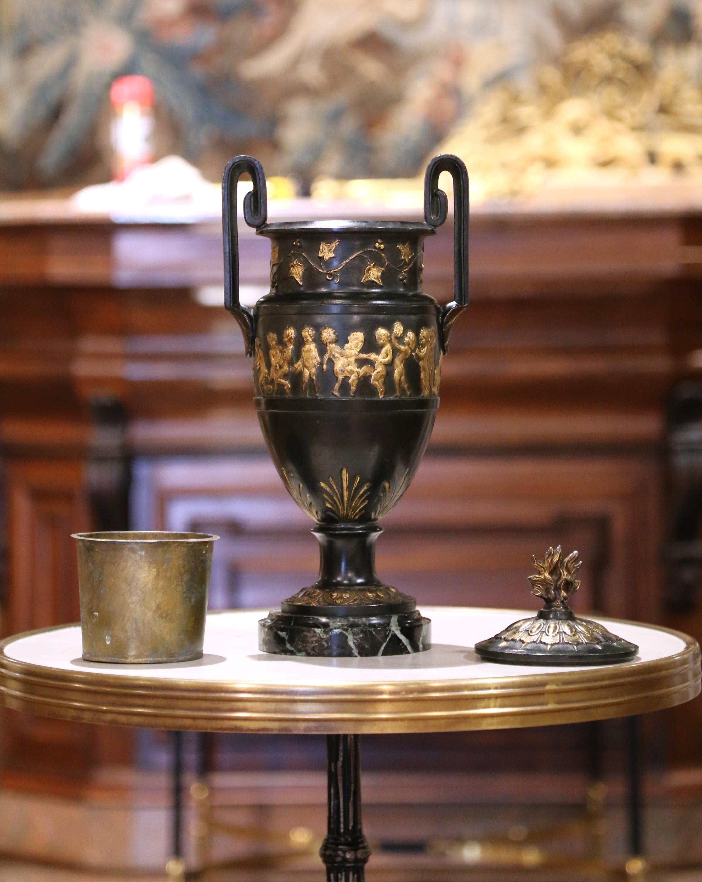 Pair of 19th C. French Neoclassical Cast Iron Cassolettes Urns on Marble Bases For Sale 1