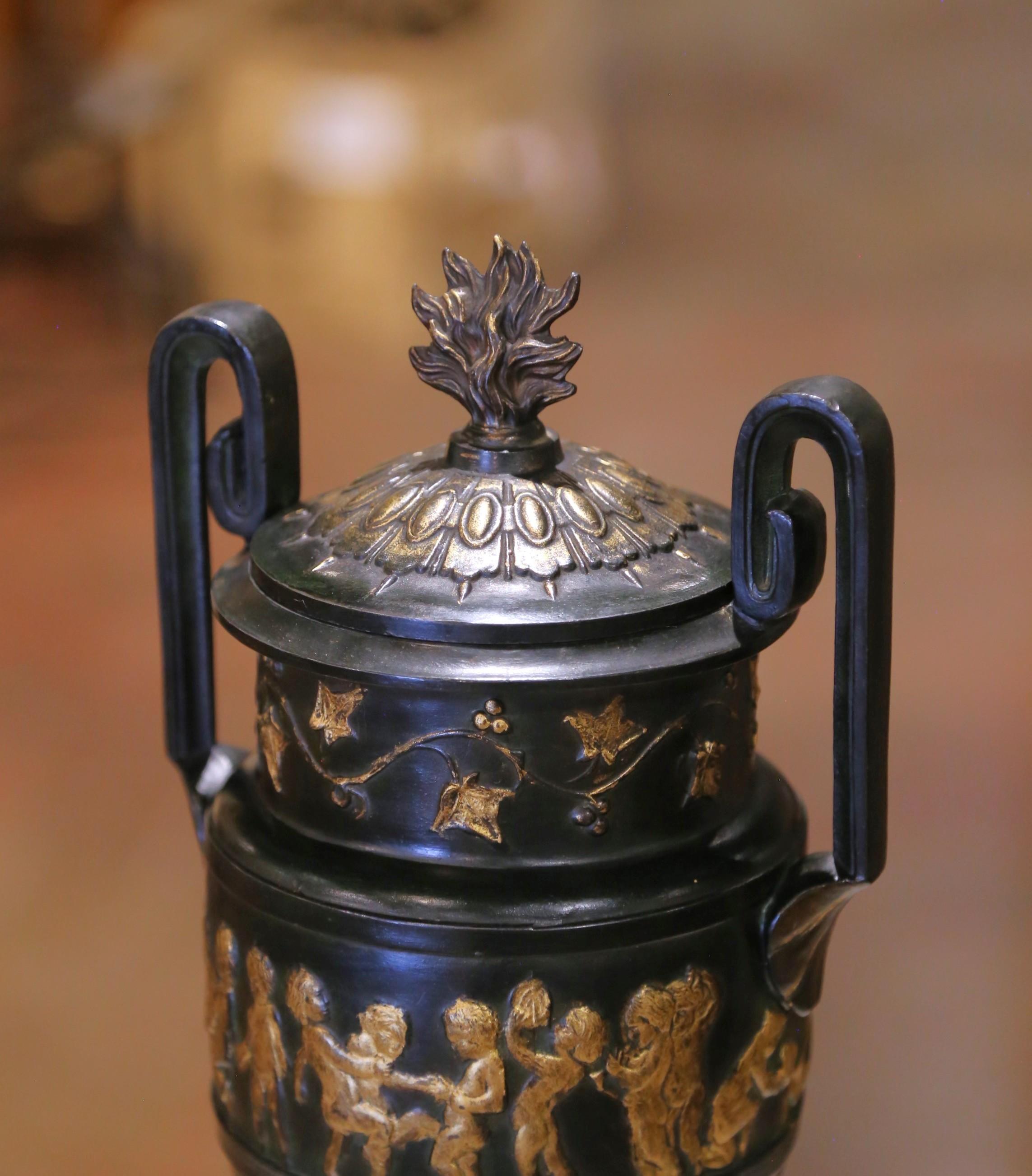 Pair of 19th C. French Neoclassical Cast Iron Cassolettes Urns on Marble Bases For Sale 2