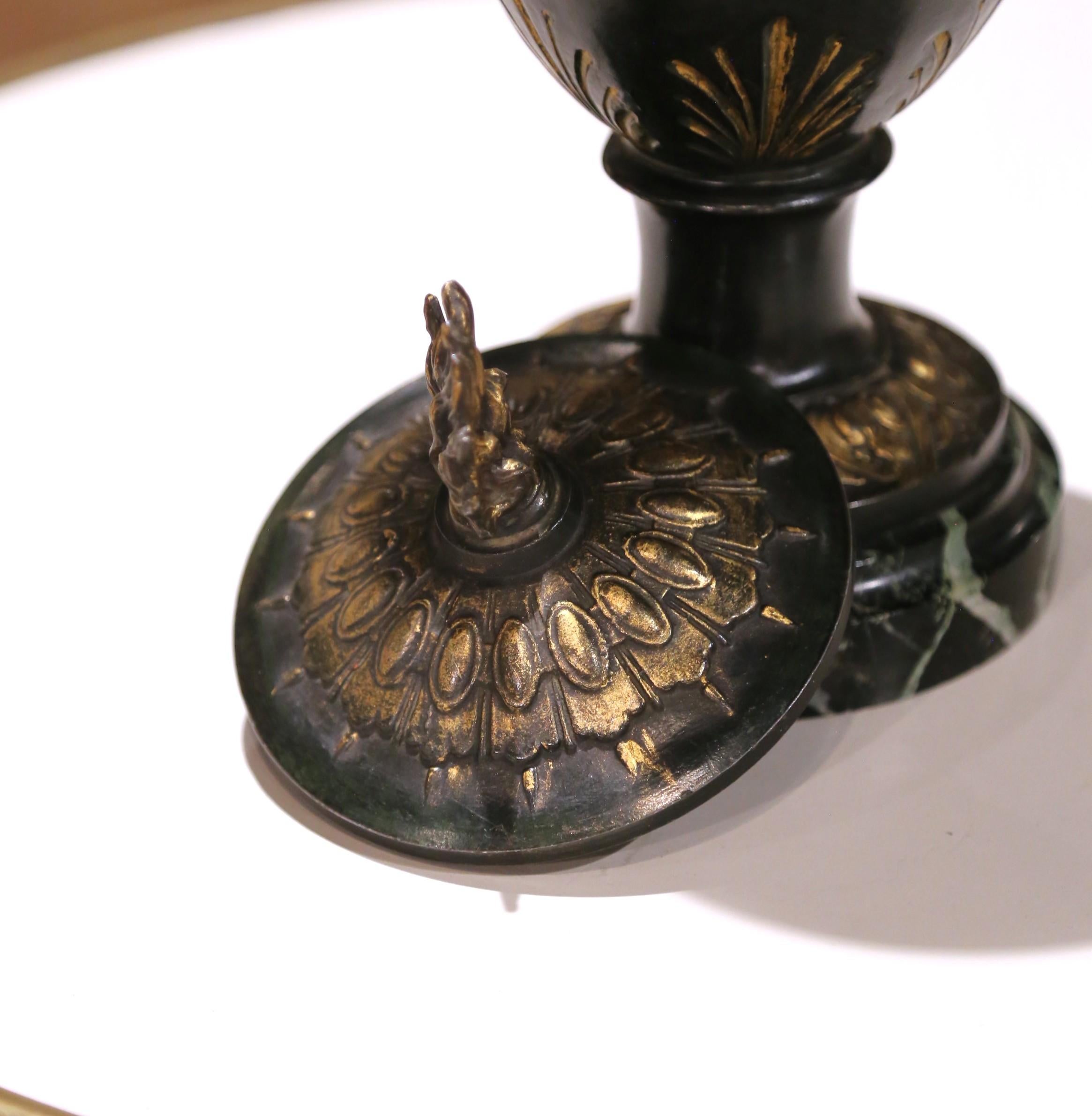 Pair of 19th C. French Neoclassical Cast Iron Cassolettes Urns on Marble Bases For Sale 4