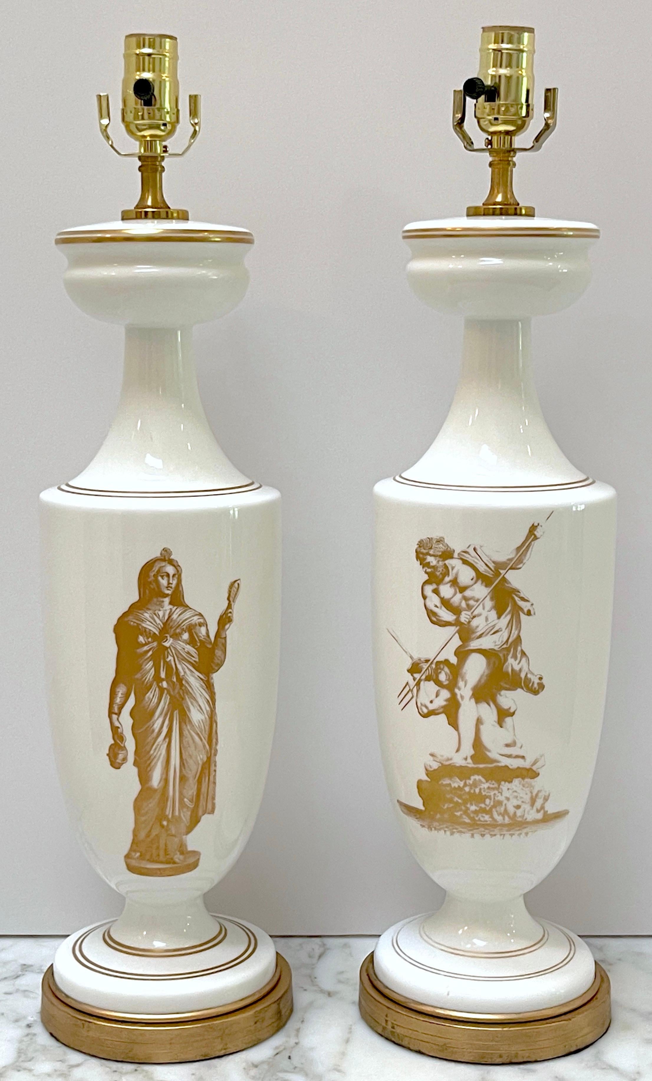 Pair of 19th C French Neoclassical Gilt Opaline Glass Lamps 'Venus & Neptune' 
The Vases, France, Later 19th Century - Lamped in the 20th century 

A truly stunning pair of French Neoclassical gilt opaline glass lamps, influenced by the Grand Tour