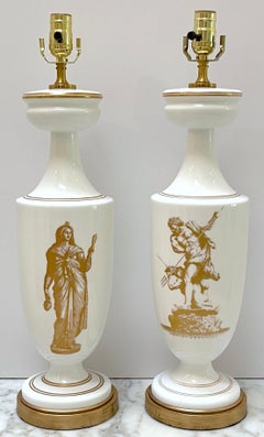Pair of 19th C French Neoclassical Gilt Opaline Glass Lamps 'Venus & Neptune'