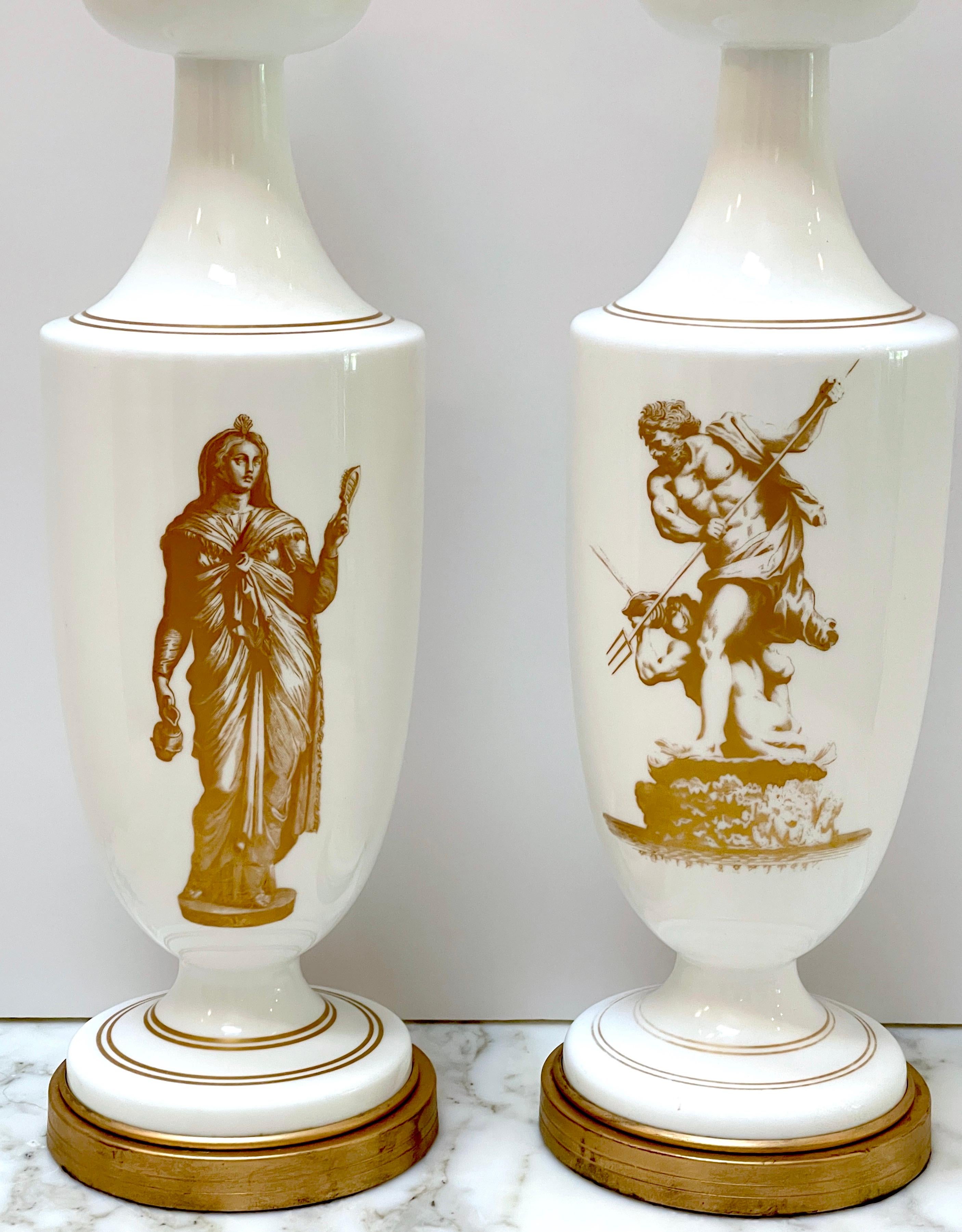Enameled Pair of 19th C French Neoclassical Gilt Opaline Glass Lamps 'Venus & Neptune'  For Sale