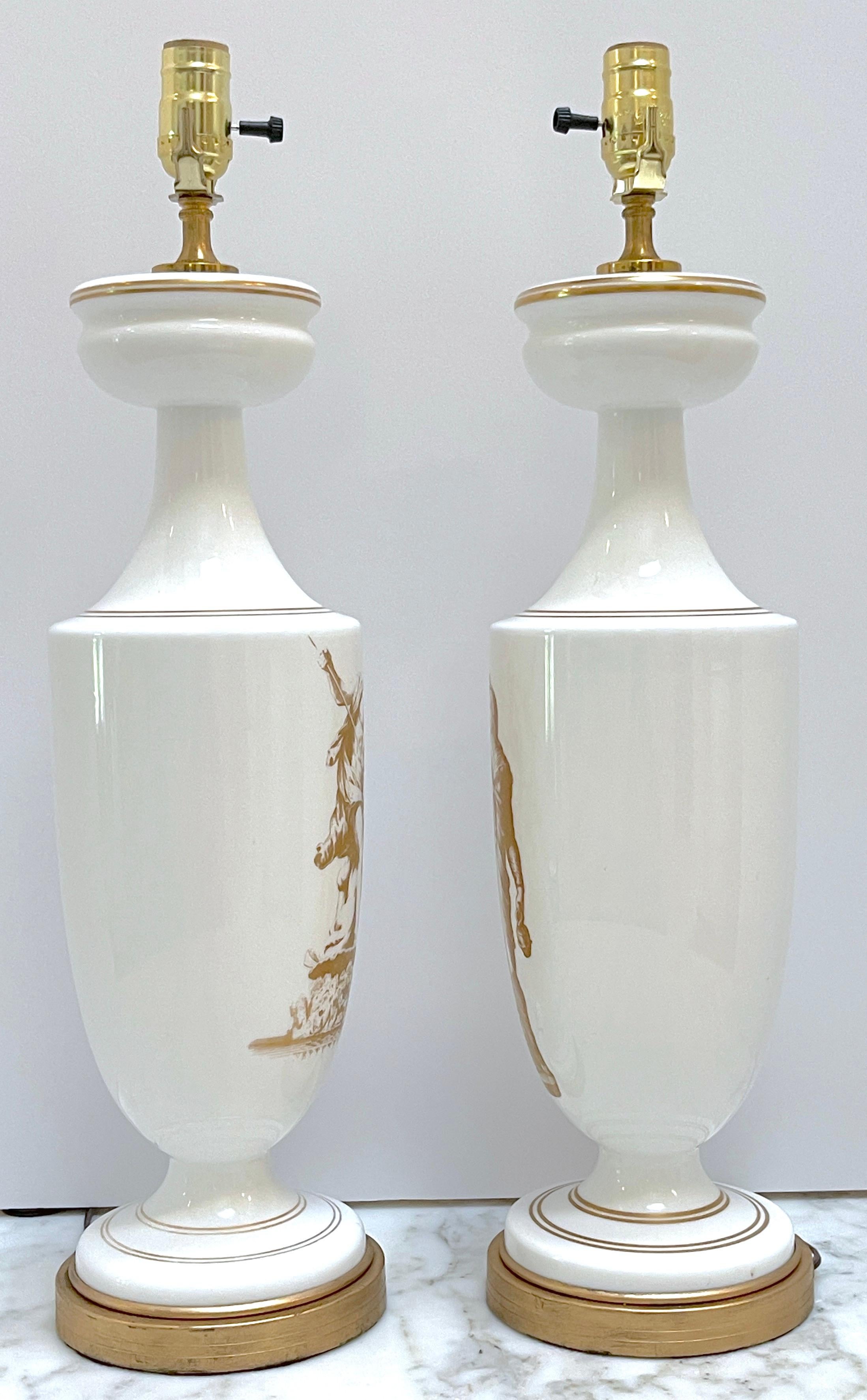 Pair of 19th C French Neoclassical Gilt Opaline Glass Lamps 'Venus & Neptune'  For Sale 1