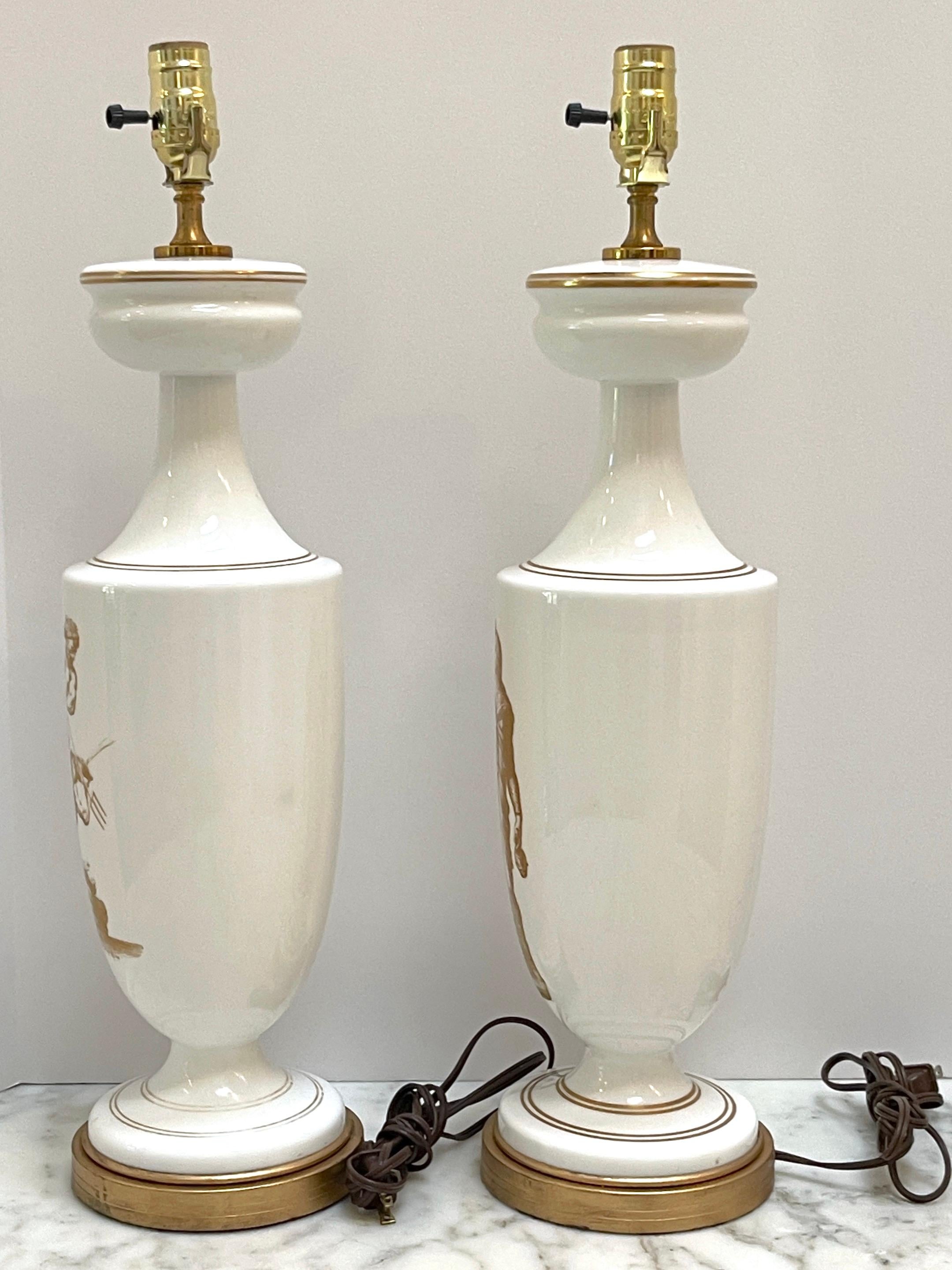 Pair of 19th C French Neoclassical Gilt Opaline Glass Lamps 'Venus & Neptune'  For Sale 3