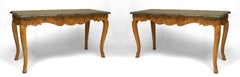 Pair of French Provincial Louis XV Oak Green Marble Console Tables