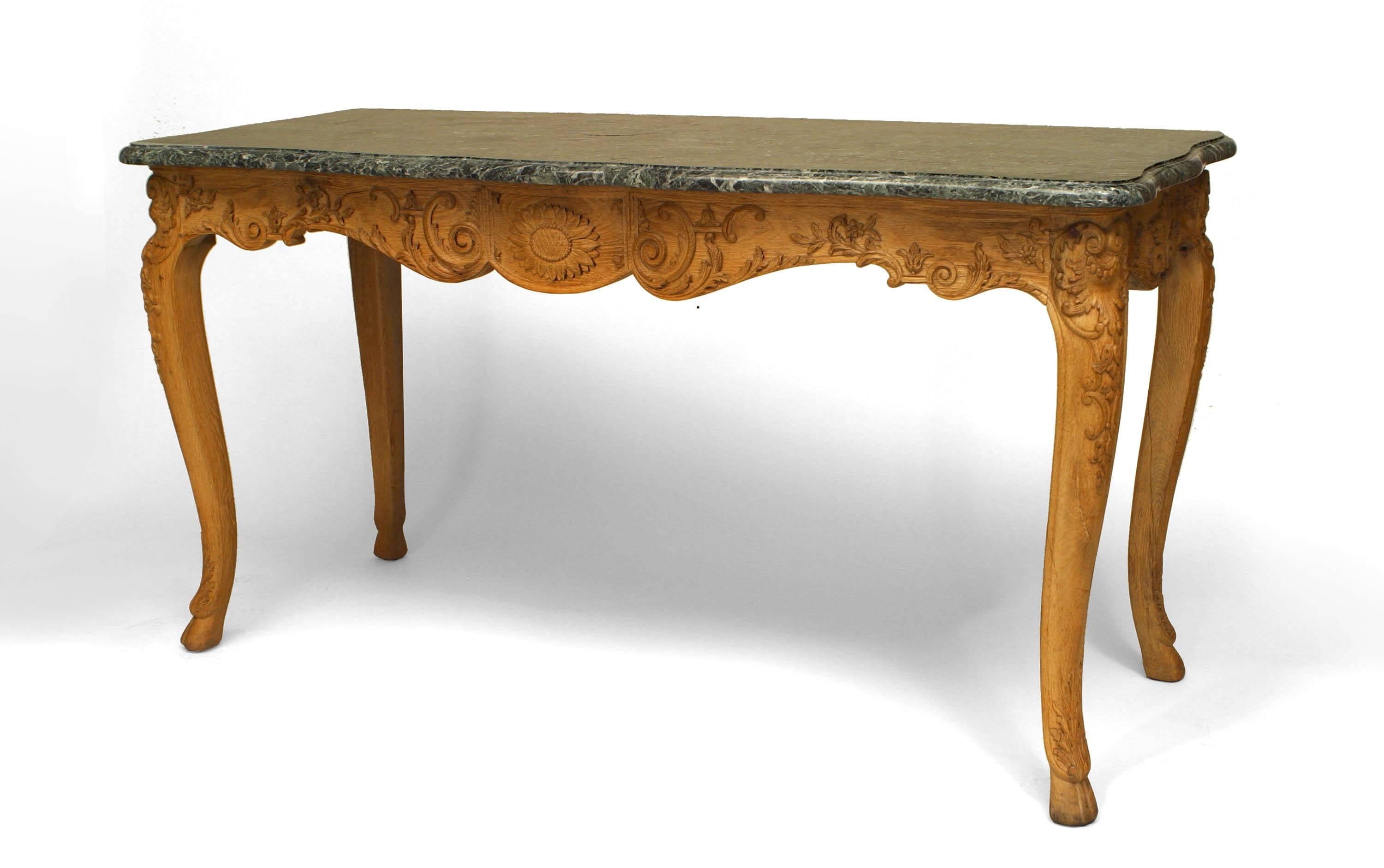 Pair of French Provincial Louis XV Oak Green Marble Console Tables In Good Condition For Sale In New York, NY
