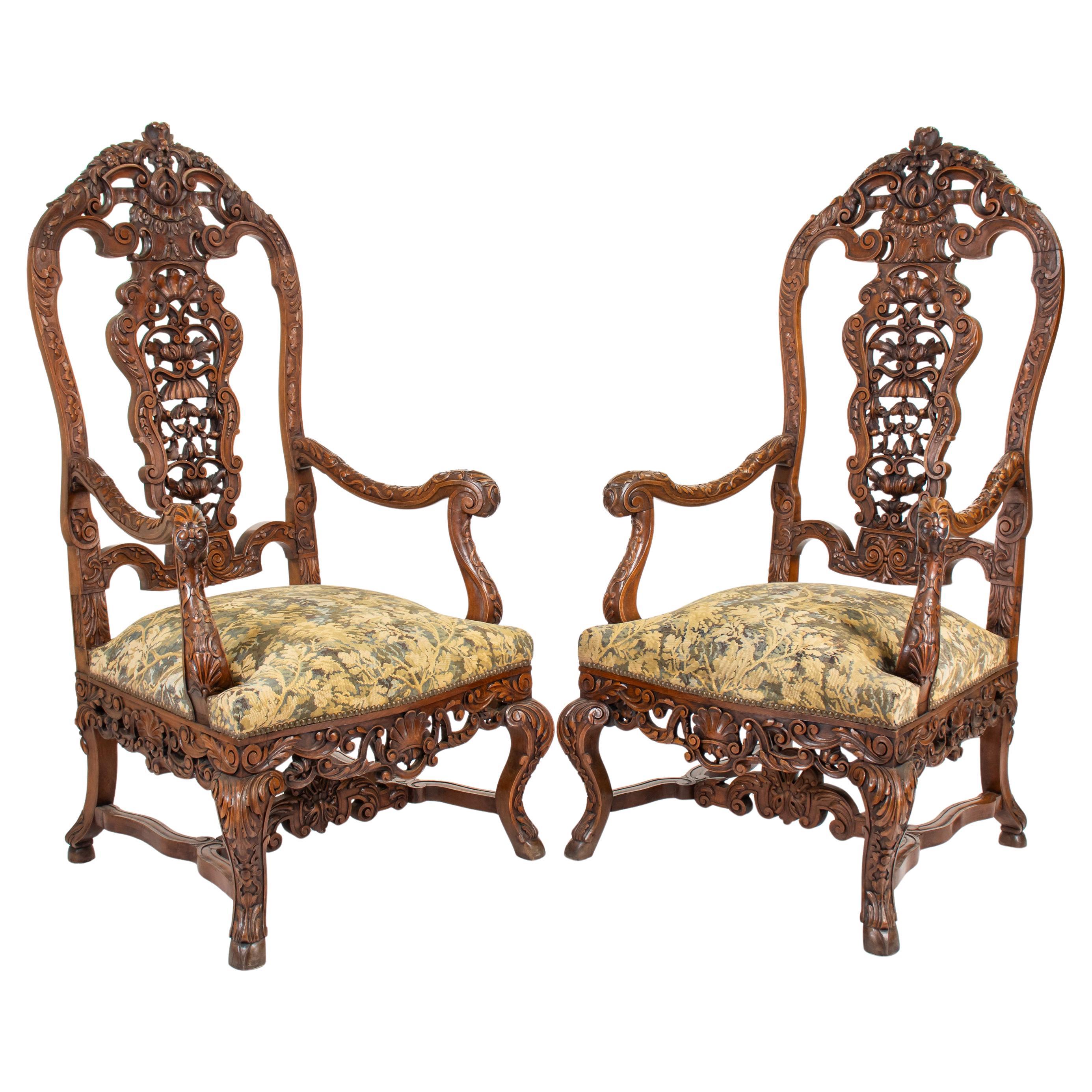 Pair of 19th C. French Régence (Louis XIV–XV) Revival Hand‑Carved Walnut Thrones