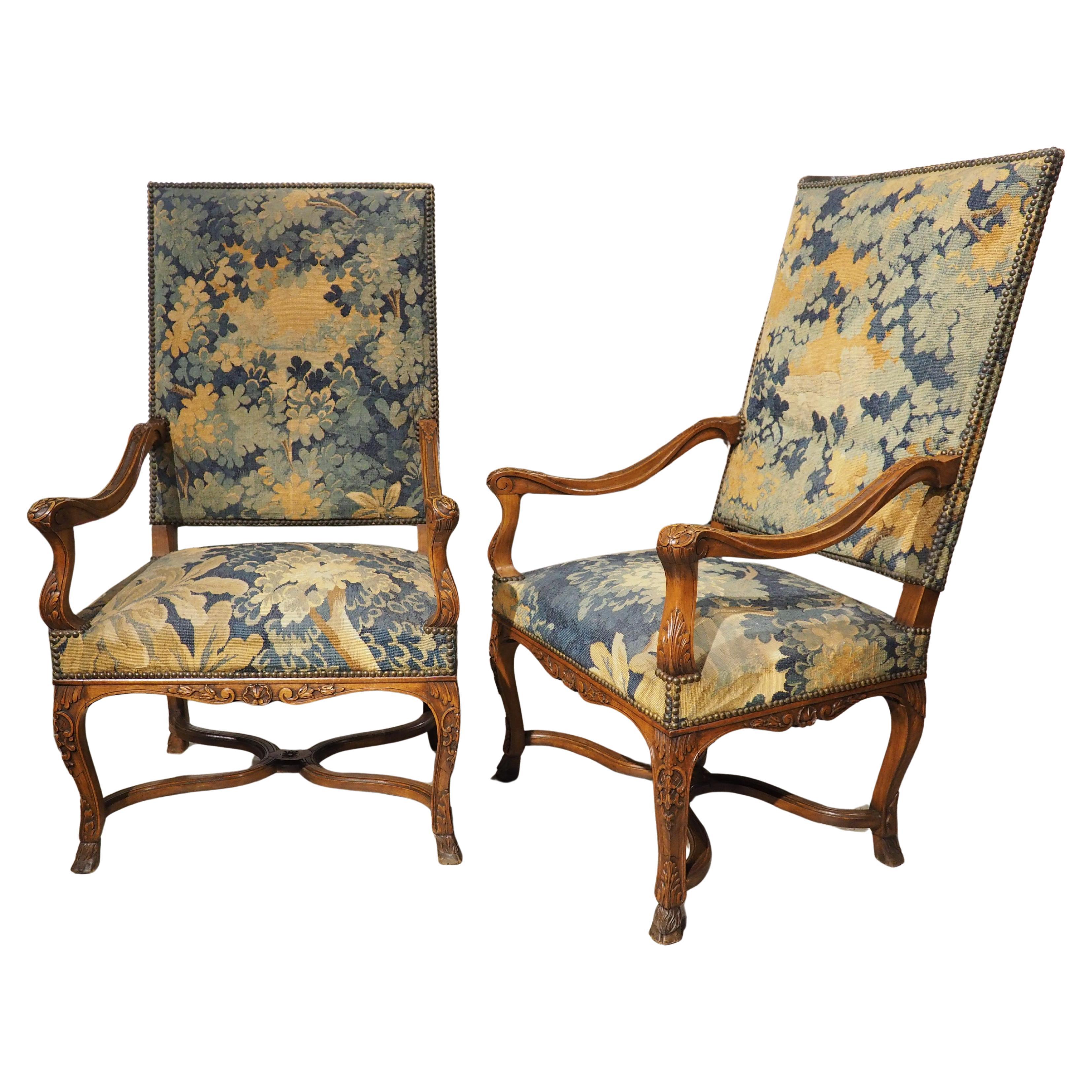 Pair of 19th C. French Regence Style Armchairs with Verdure Tapestry Upholstery