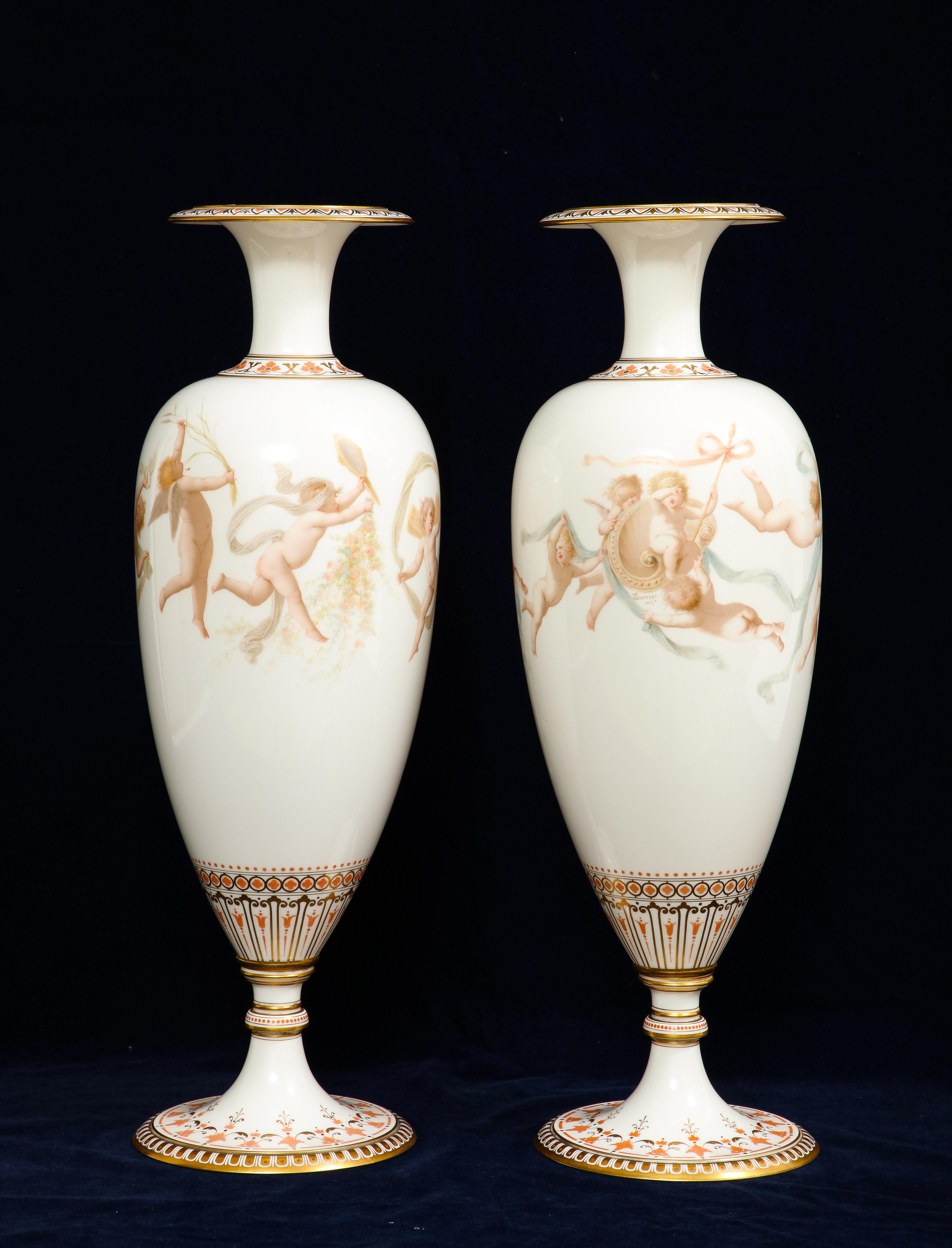 Rococo Pair of 19th C. French Sevres Porcelain Vases W/ Cupids, Signed E. Sieffert