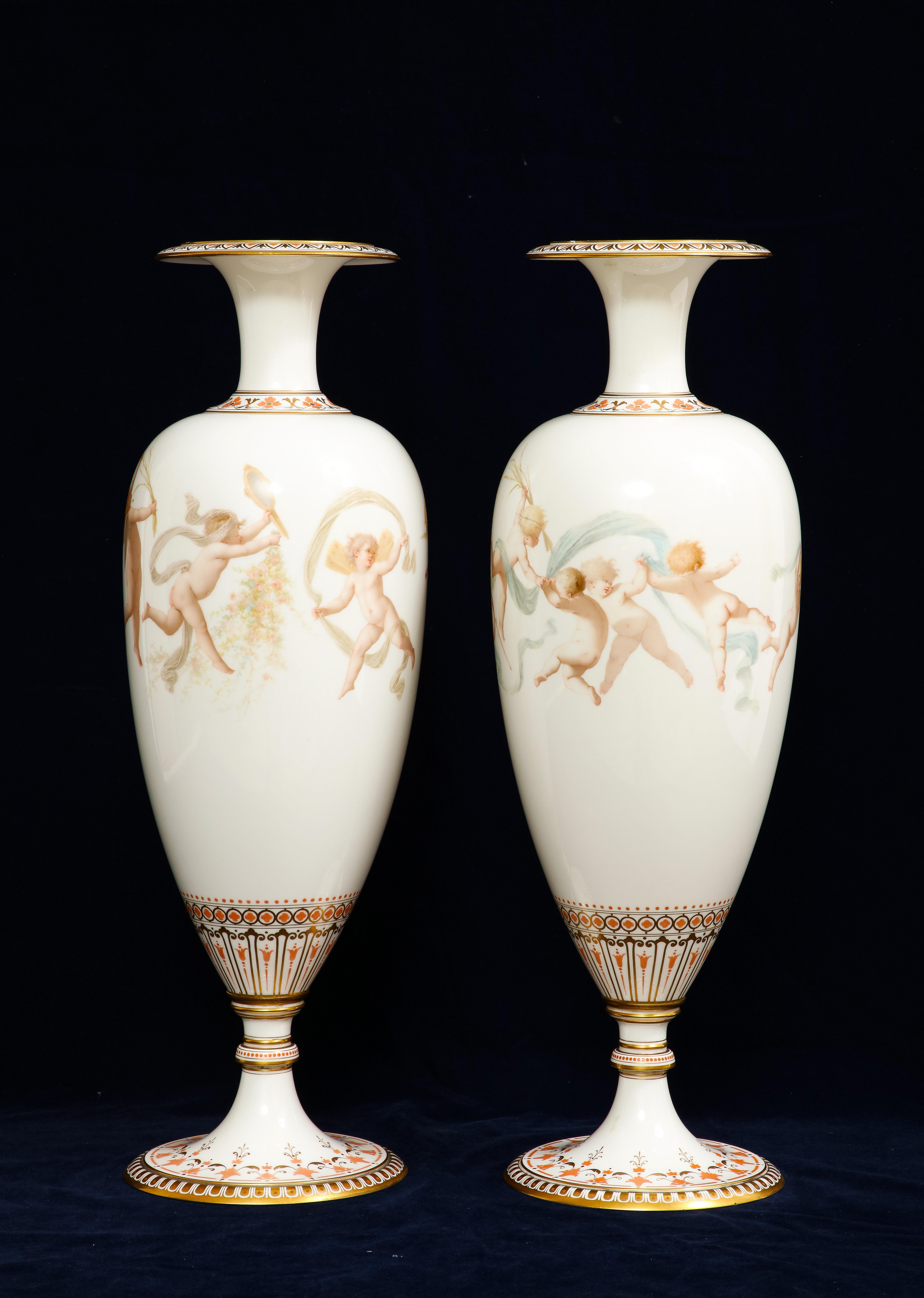 Hand-Carved Pair of 19th C. French Sevres Porcelain Vases W/ Cupids, Signed E. Sieffert