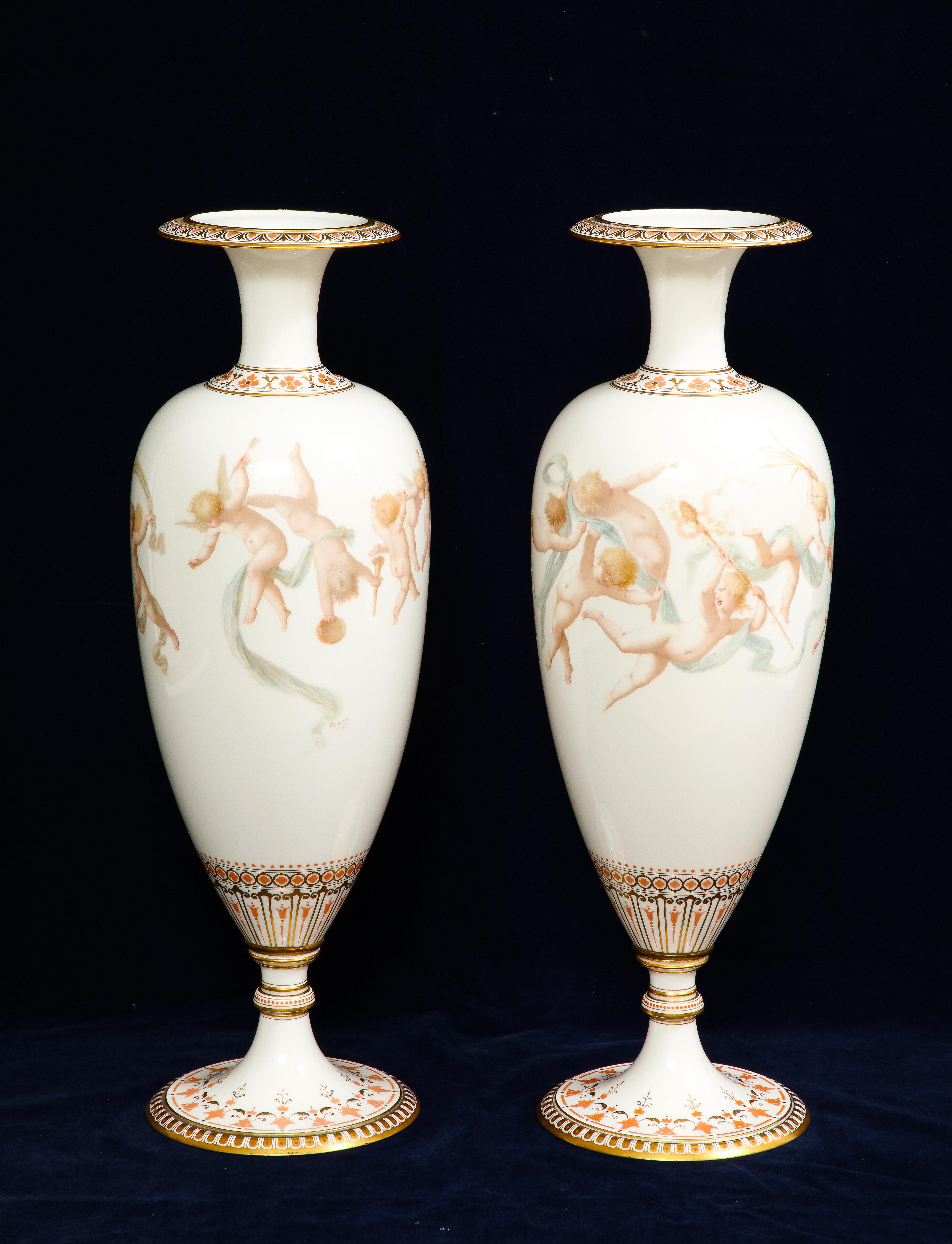 Pair of 19th C. French Sevres Porcelain Vases W/ Cupids, Signed E. Sieffert In Good Condition In New York, NY
