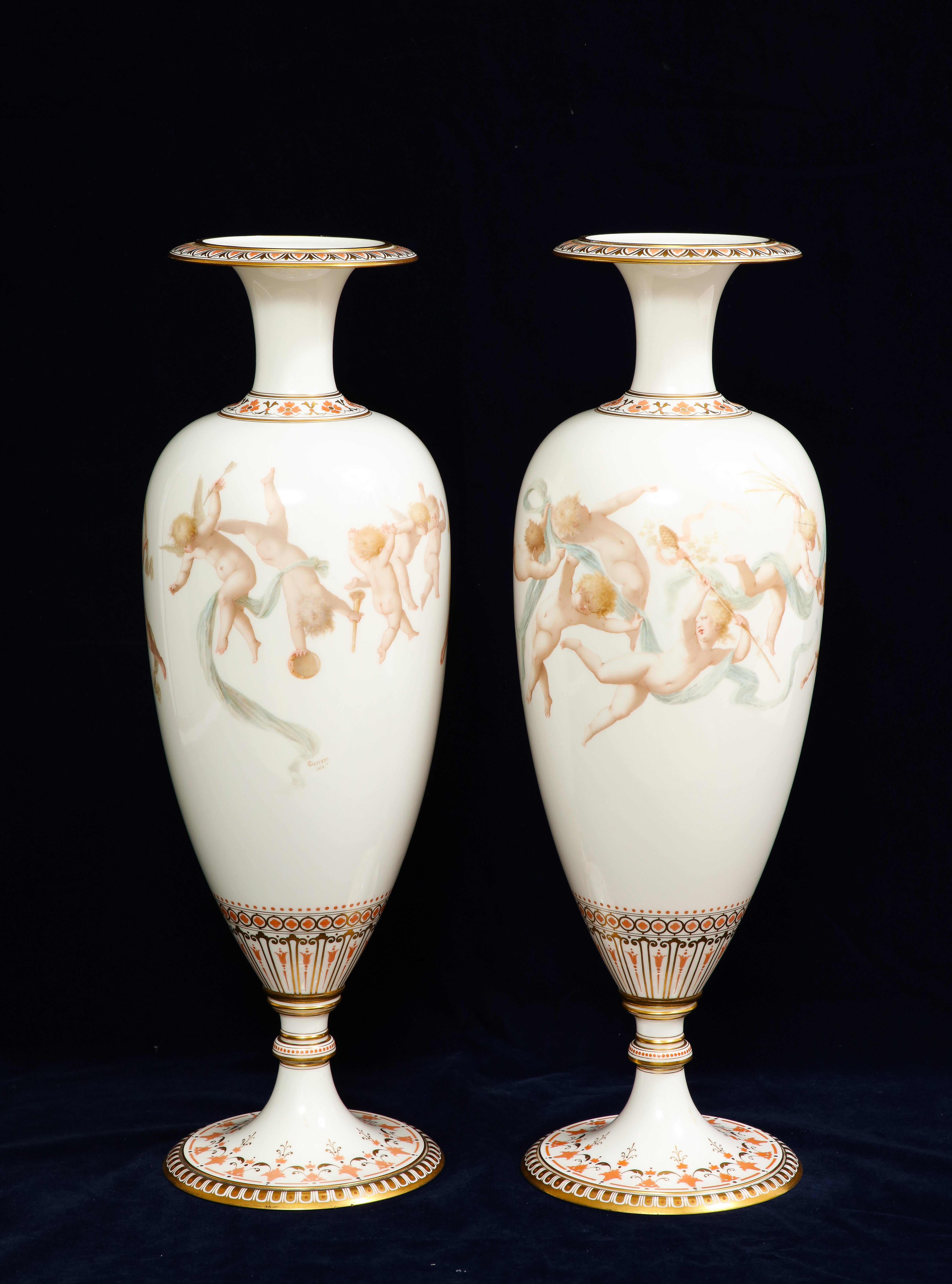 Late 19th Century Pair of 19th C. French Sevres Porcelain Vases W/ Cupids, Signed E. Sieffert