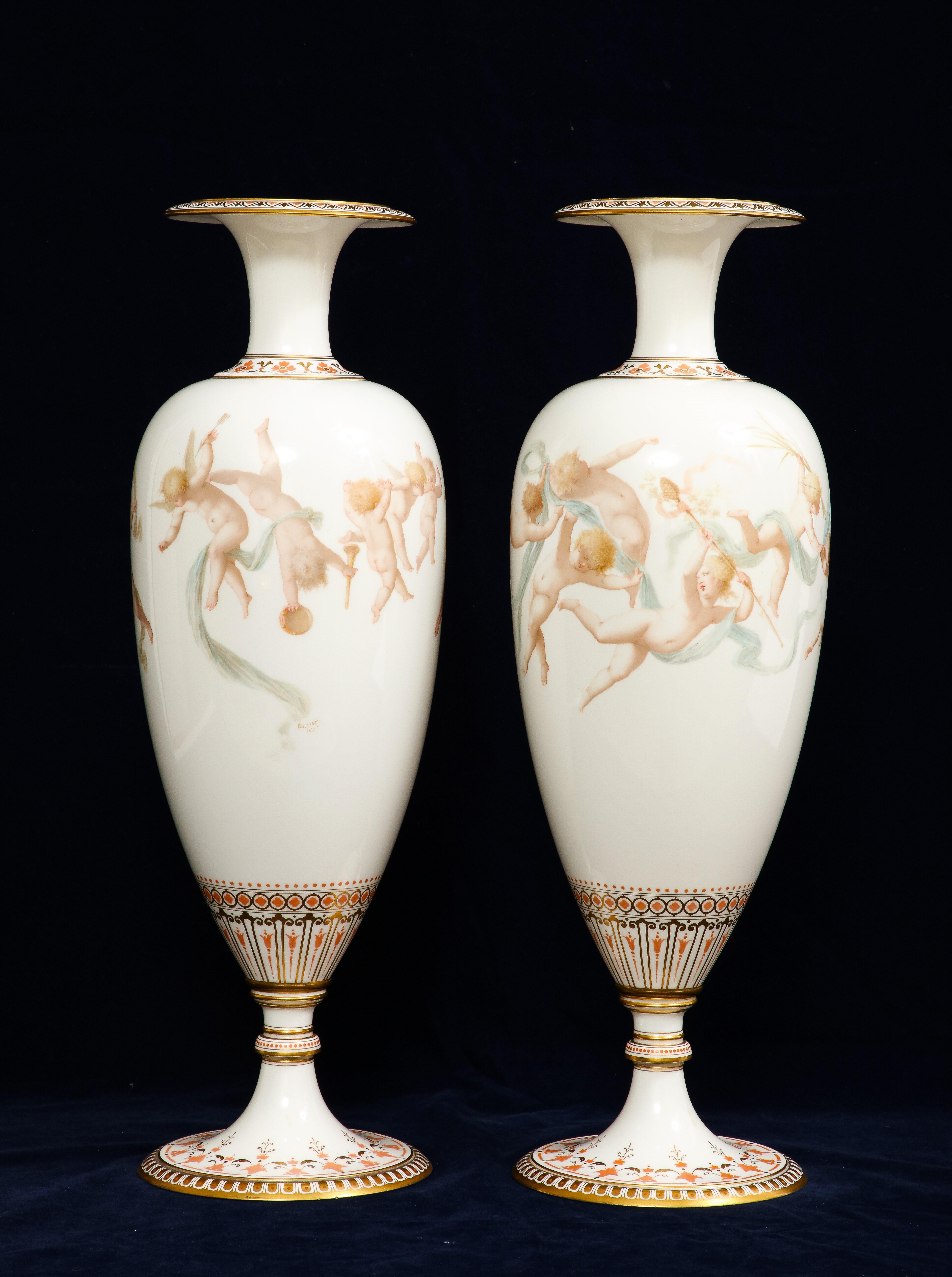 Pair of 19th C. French Sevres Porcelain Vases W/ Cupids, Signed E. Sieffert 1