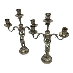 Pair of 19th C French Silvered Bronze Putti Candelabra