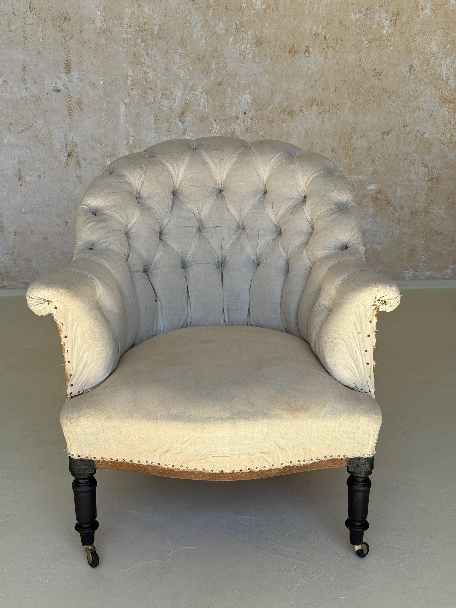 Pair of 19th C French Small Scale Napoleon III Armchairs with Diamond Tufting For Sale 1