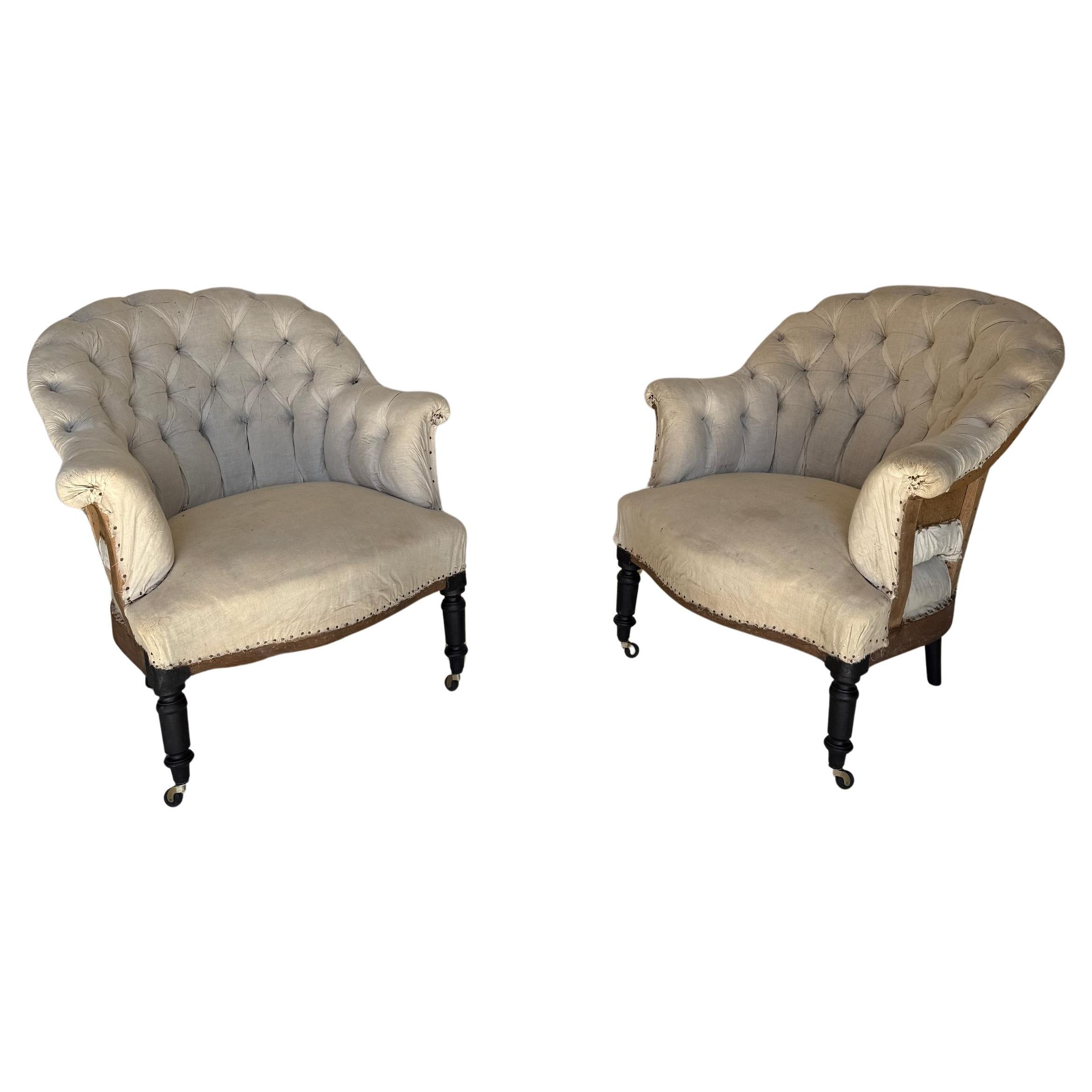 Pair of 19th C French Small Scale Napoleon III Armchairs with Diamond Tufting