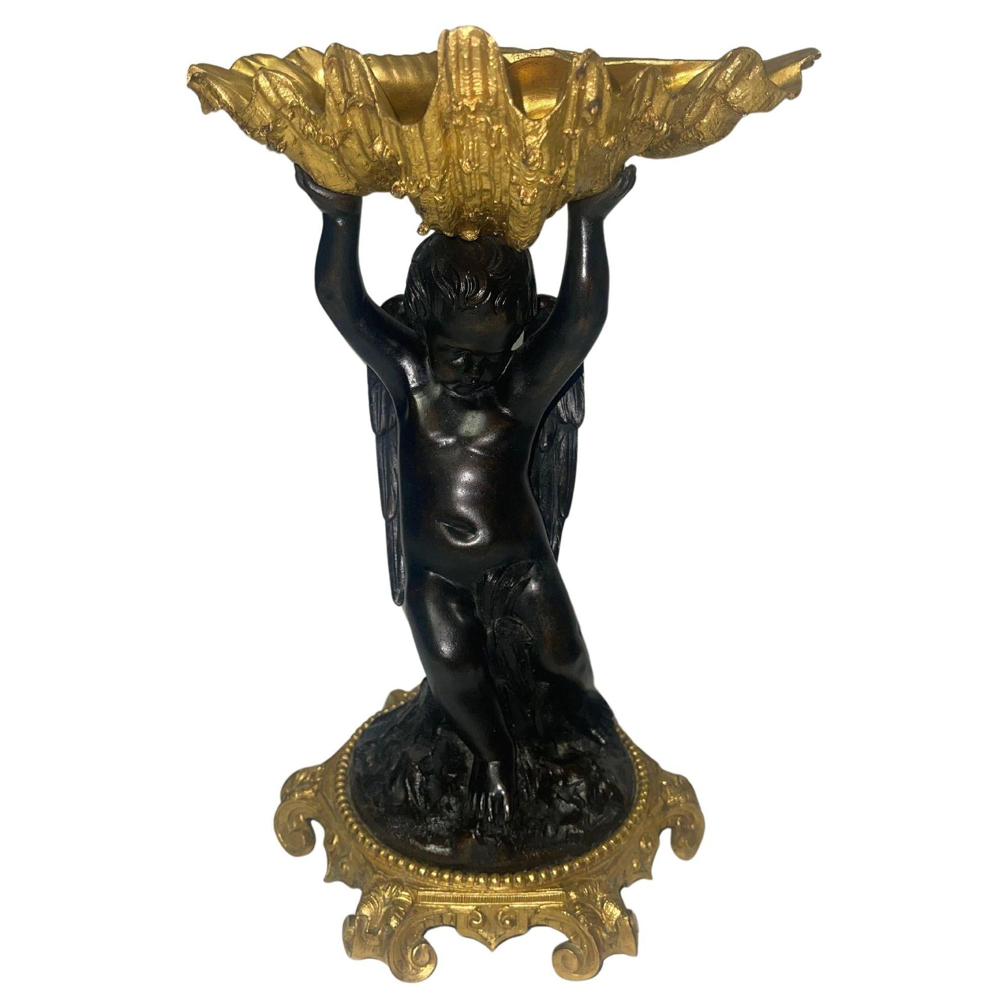 French Pair of 19th C. Gilt Bronze Garnitures with Shell-Form Bowls Supported by Angels For Sale