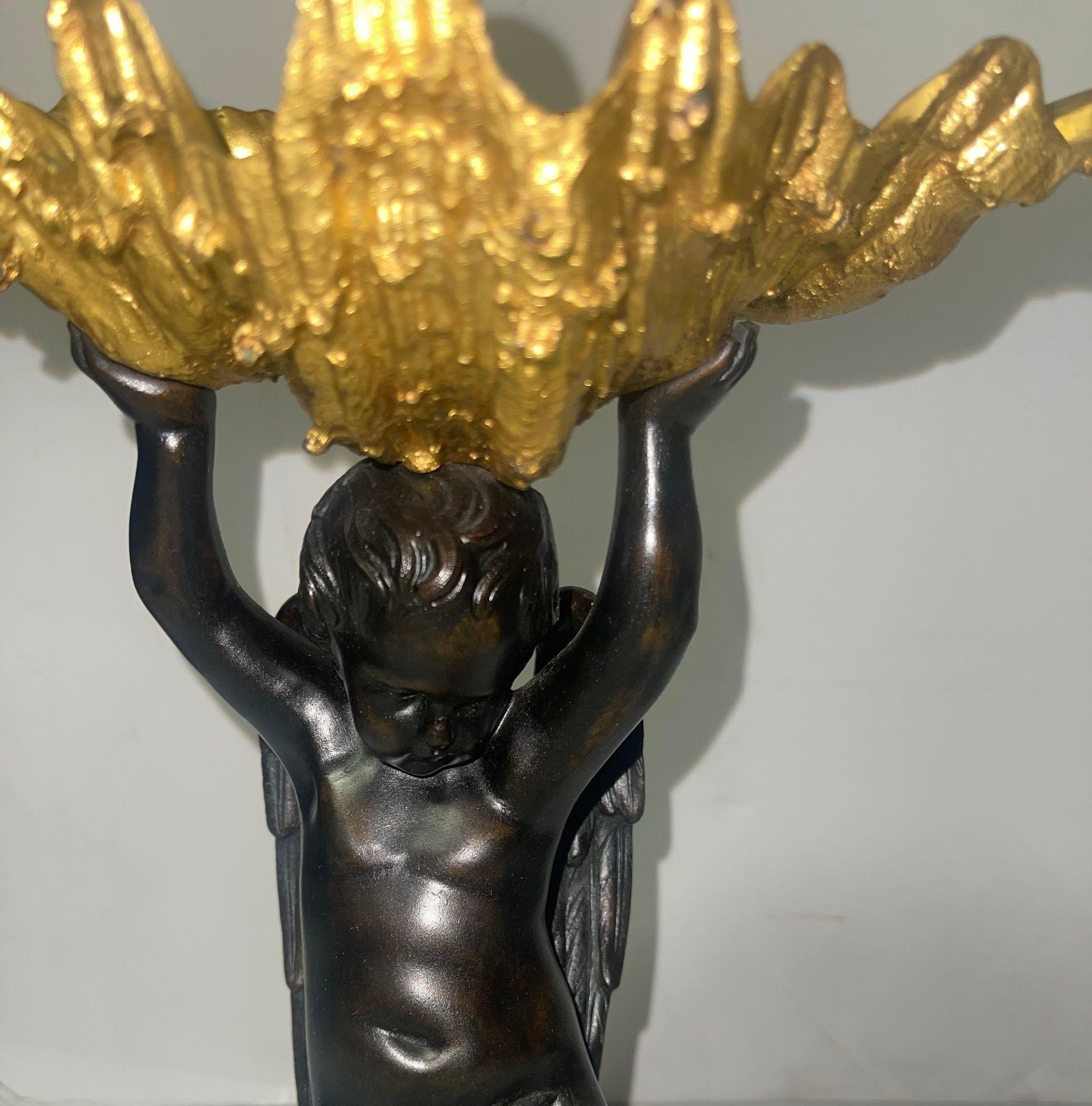 Pair of 19th C. Gilt Bronze Garnitures with Shell-Form Bowls Supported by Angels In Excellent Condition For Sale In Los Angeles, CA
