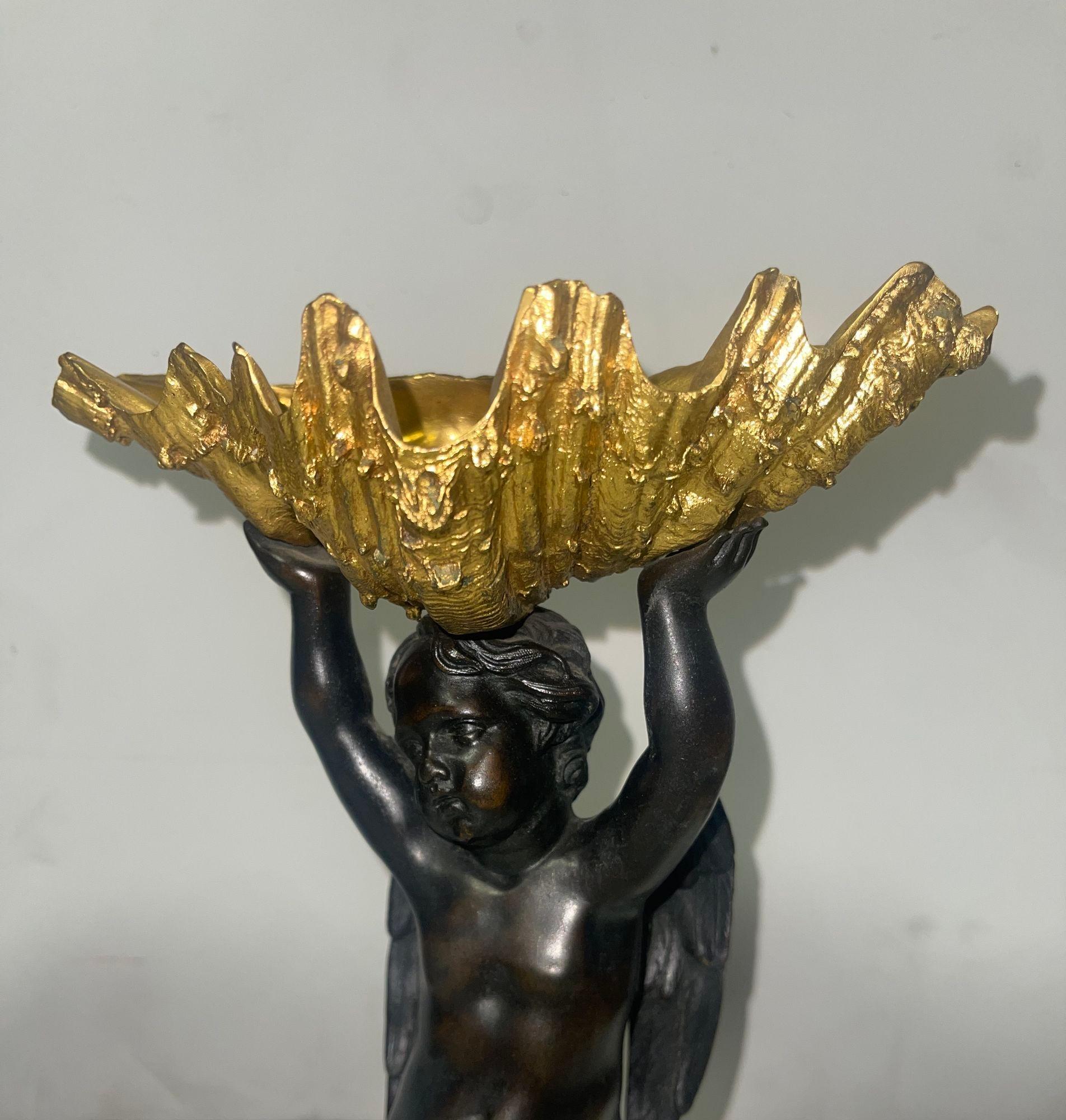 Pair of 19th C. Gilt Bronze Garnitures with Shell-Form Bowls Supported by Angels For Sale 1