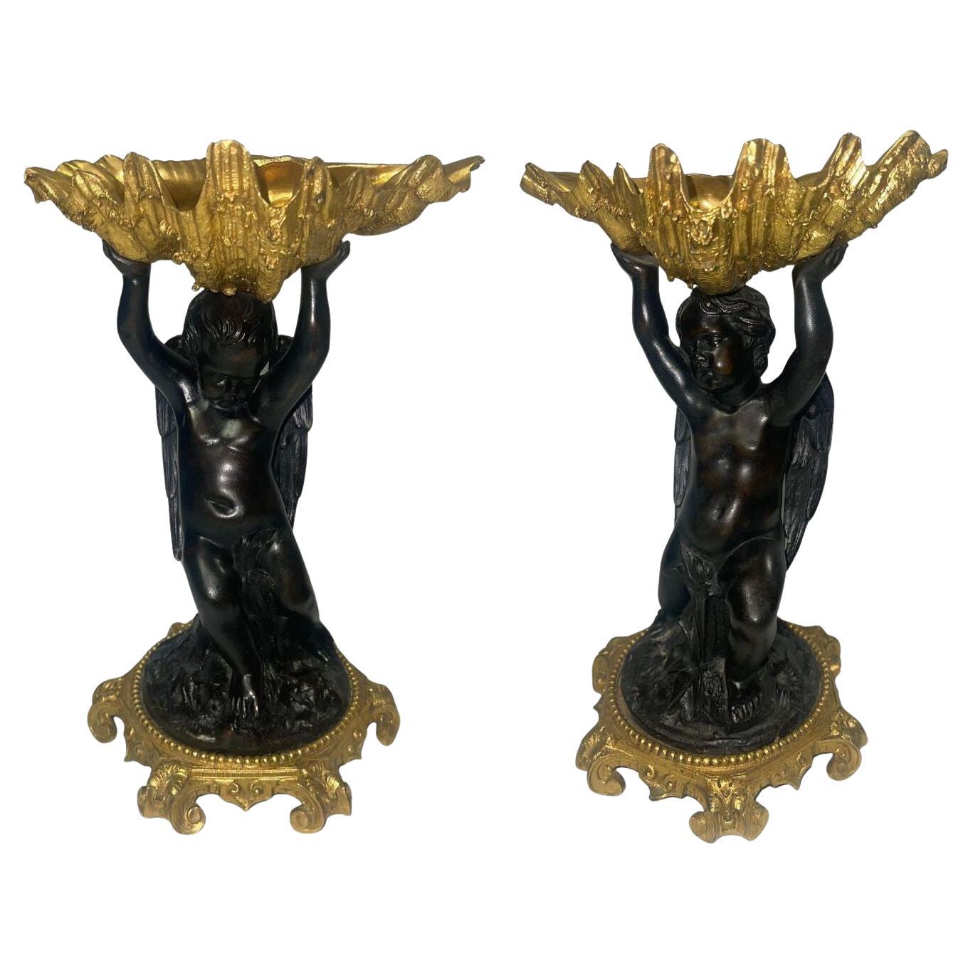 Pair of 19th C. Gilt Bronze Garnitures with Shell-Form Bowls Supported by Angels For Sale