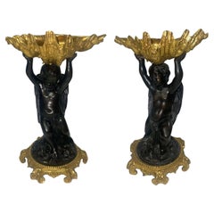 Pair of 19th C. Gilt Bronze Garnitures with Shell-Form Bowls Supported by Angels
