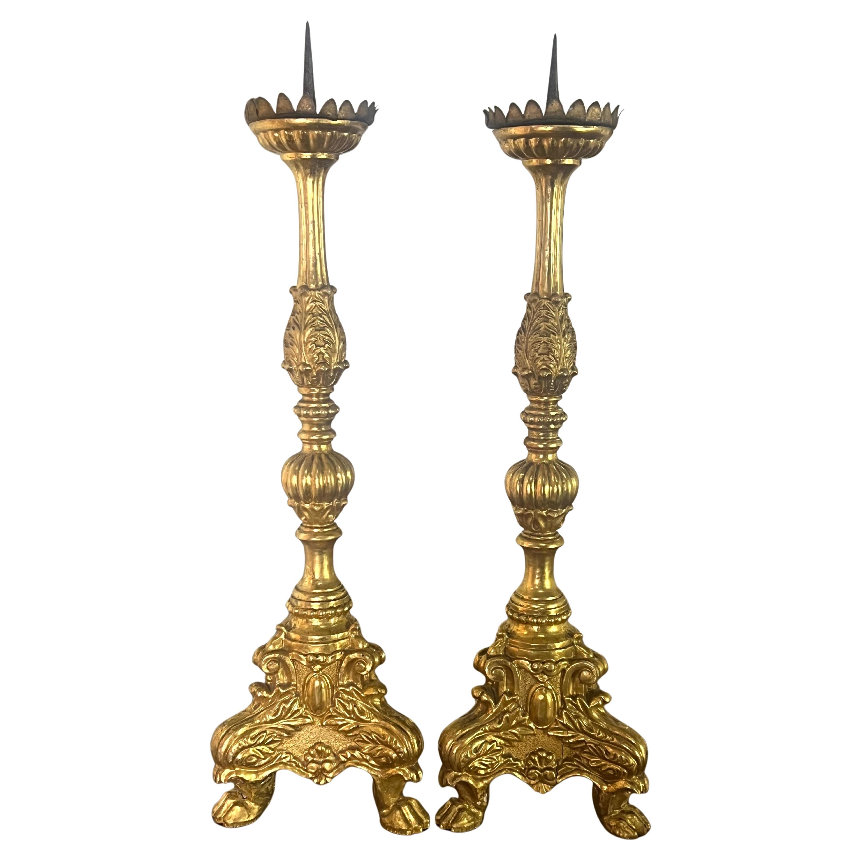 Pair of 19th C. Giltwood Candlesticks w/ Iron Bobeches