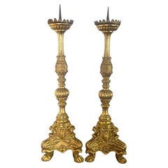 Pair of 19th C. Giltwood Candlesticks w/ Iron Bobeches