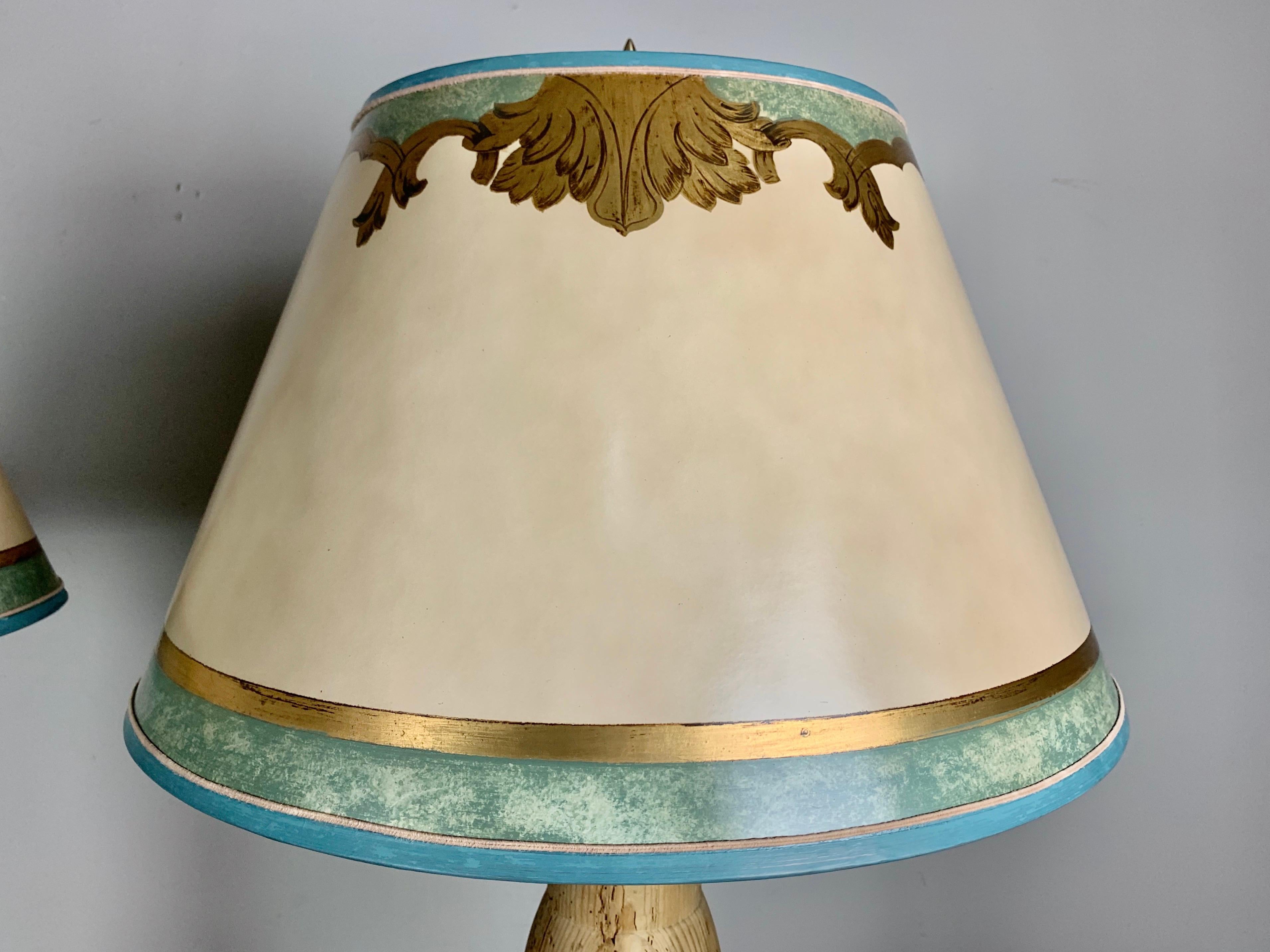 Pair of 19th Century Italian Candlestick Lamps with Custom Parchment Shades In Distressed Condition For Sale In Los Angeles, CA