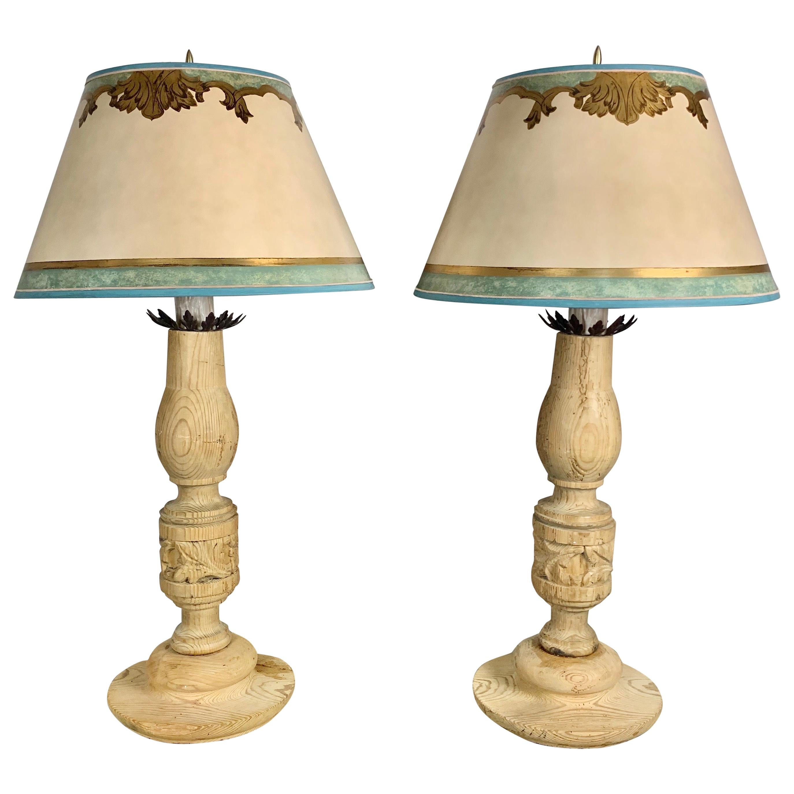 Pair of 19th Century Italian Candlestick Lamps with Custom Parchment Shades